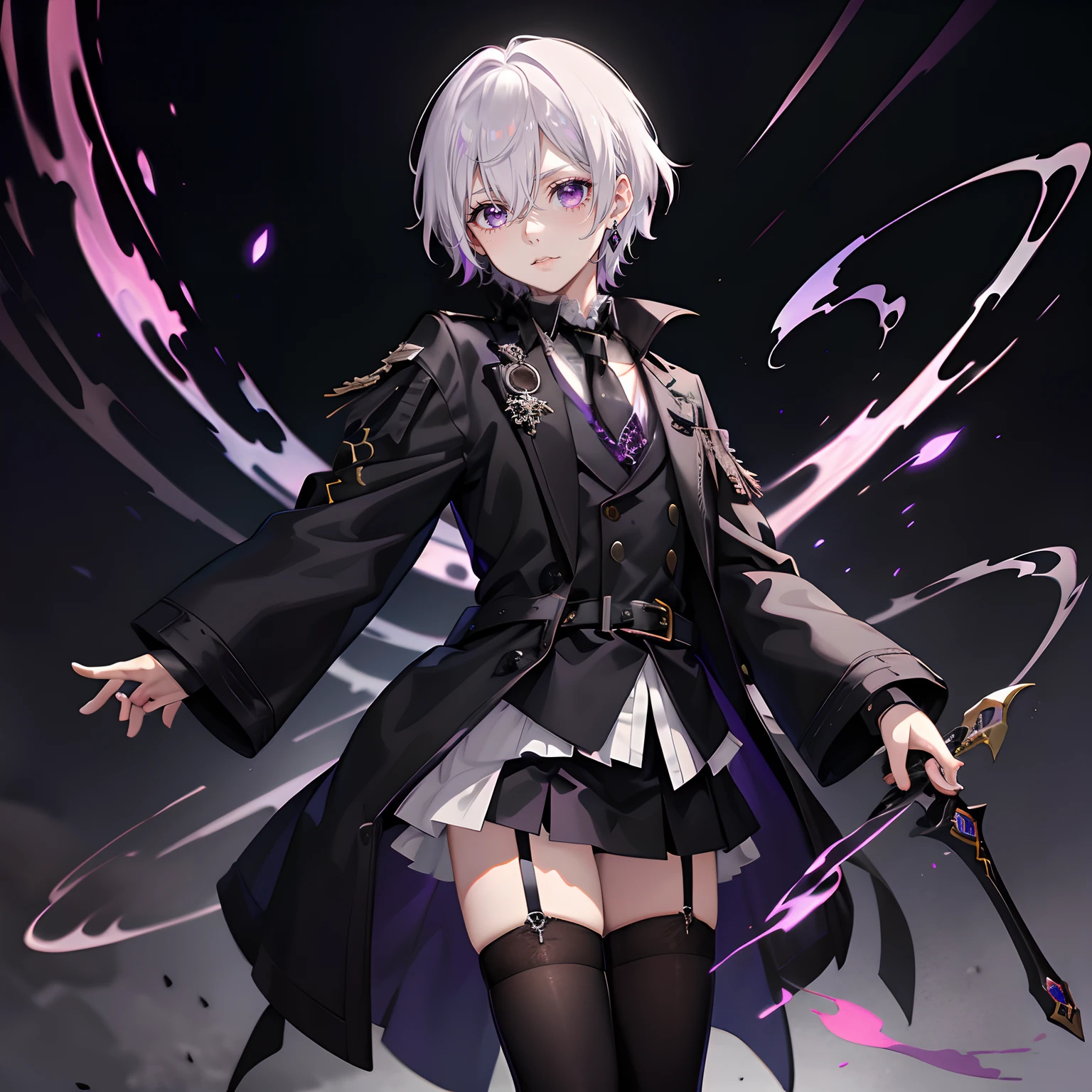 Heterochromic pupils,Purple eye,Unilateral eye patch,short detailed hair,younge boy,Cold,gotik,Delicate face,Exquisitehands,nobles,Long black socks,leather shoes,sceptre,high qulity,black color hair,Shota,solo person,brunette color hair