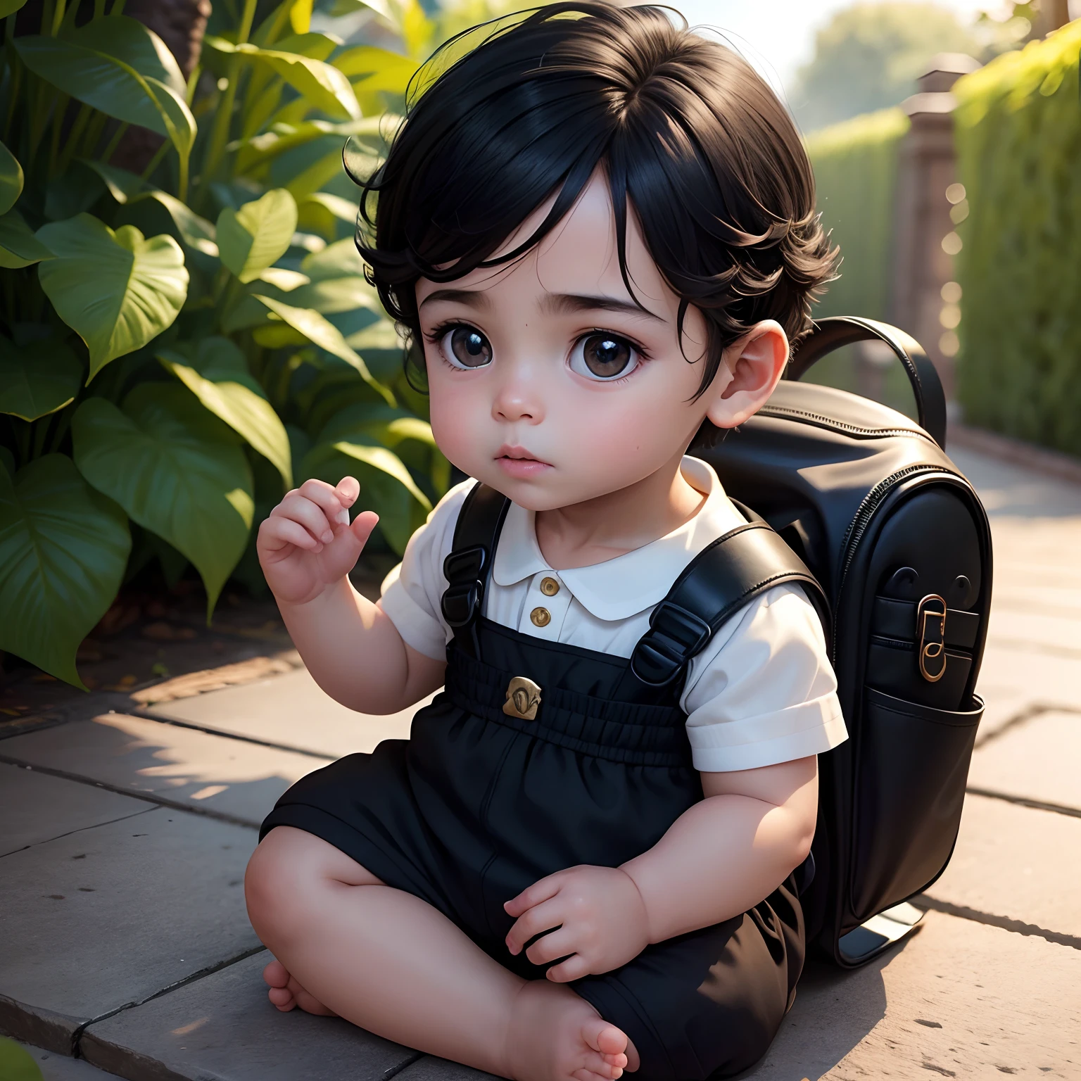 Royal male , 3D Male Babyby clothes , Moreno , cabelo curto preto, face detalhada, confiante, no jardim de grama, 8k , his little backpack is near him, the baby hasck hair