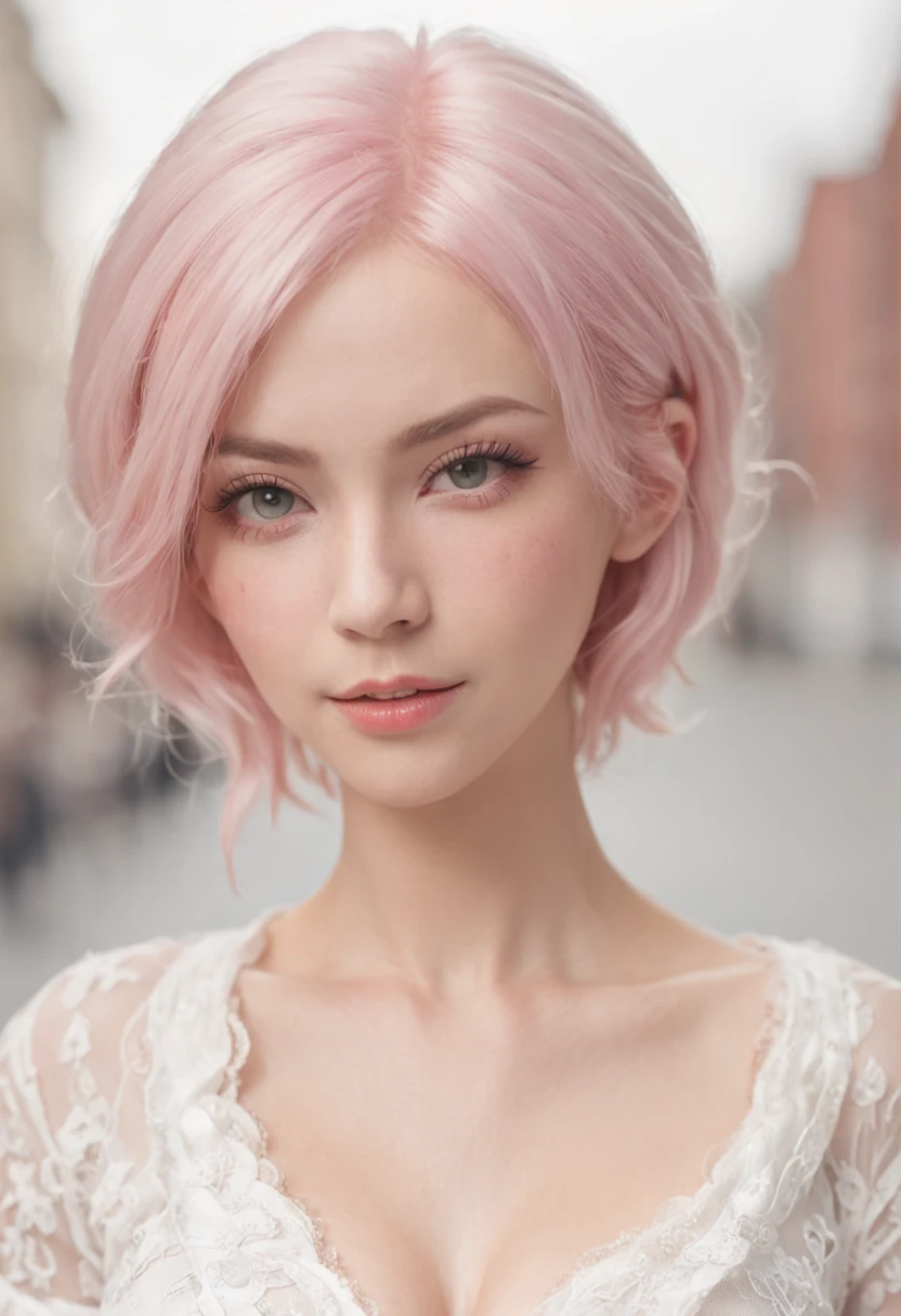 Full body like，United Kingdom，short detailed hair，A pink-haired，nurses，white  clothes，perfect figure beautiful woman, huge tit，Highly detailed facial and skin texture，A detailed eye，二重まぶた ( City street:1.1)