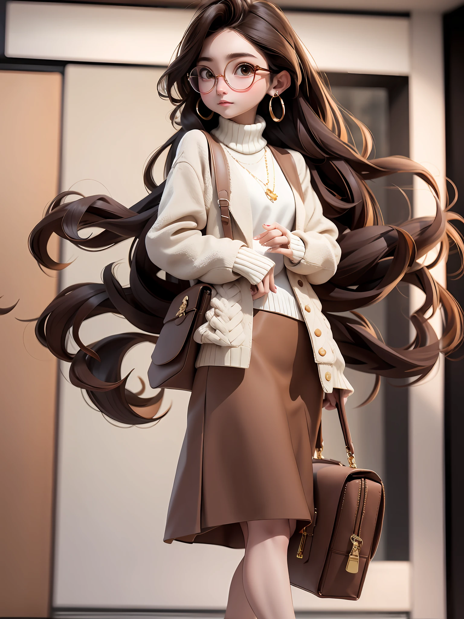 Masterpiece, Best quality, 8K, offcial art, Cinematic light, 超高分辨率, 1girll, Sexy, mature, Solo, jewelry, Earrings, Glasses, Skirt, Long hair, bag, view the viewer, hoop earings, Sweater, White sweater, Brown hair, Brown eyes, brown background, Jacket, Brown skirt, sleeves past wrists, Turtleneck, Long sleeves, Holding, Brown jacket, brown nails, 手拿手提包