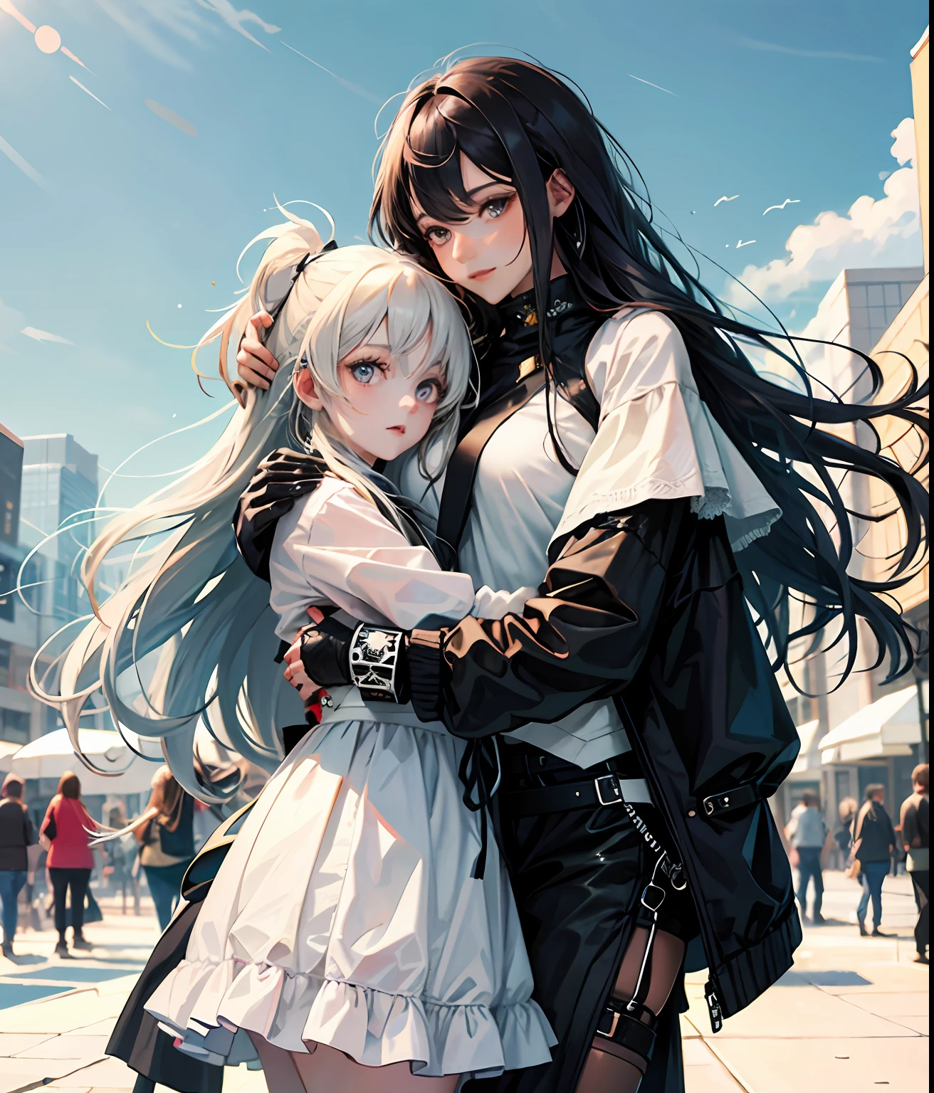 Two girls with long hair,white and black hair,hair flowing,Soulful gaze,is shy,take hand,hugs