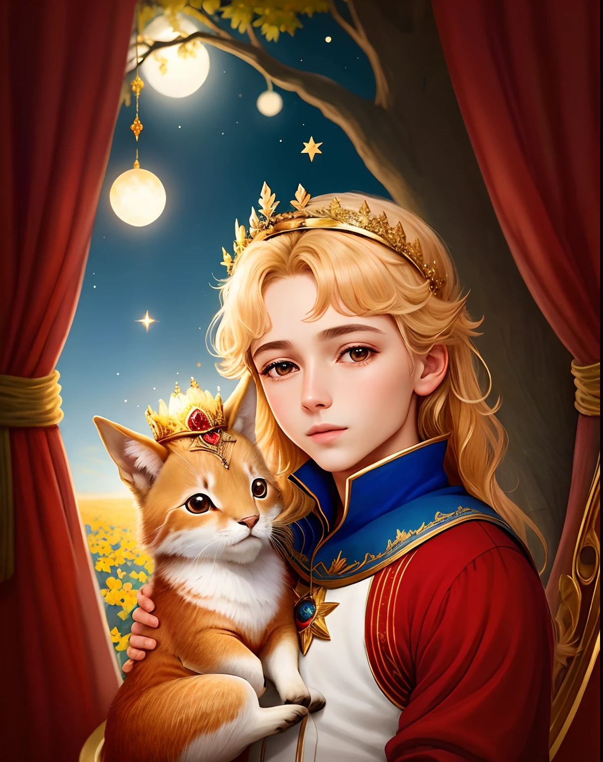 imagem(( rapaz ))Com uma raposa e uma estrela,(( the little prince)), Portrait of a magical blonde prince, pintura de conto de fadas, Uma obra-prima de luz brilhante, the flower prince ,((tree with red Rowan)),outono,breathtaking art, illustartion!, coronation of the flower prince, Directed by: Anna Haifisch, Directed by: Julia Pishtar, Fantastic Art, Uma obra de arte de conto de fadas, arte inspiradora, fantasia raposa amor, Fantastic artwork