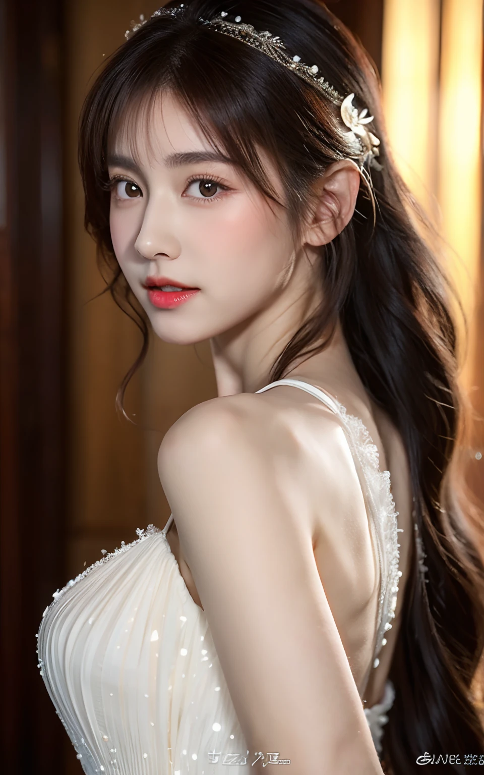 Highly detailed CG Unity 8K wallpapers、top-quality、ultra - detailed、tmasterpiece、hentail realism、Photorealsitic、extremely detailed cute girl、(25 age old)、Red blush、roundly eyes、Semi-body shot、white wedding gown、veils、armpit focus