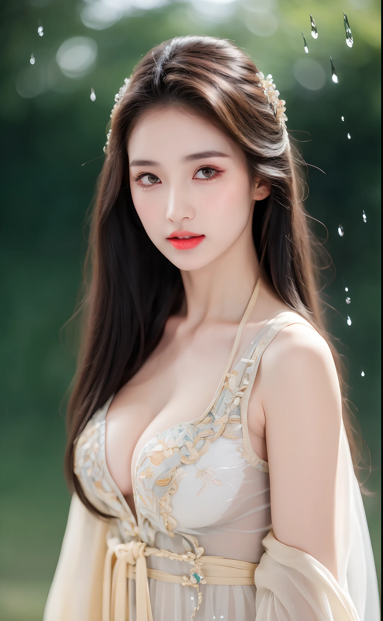 ((Best Quality, 8k, Masterpiece: 1.3)), Focus: 1.2, Perfect Body Beauty: 1.4, Buttocks: 1.2, ((Layered Haircut)), (Wet Clothes: 1.1), (Rain, Street:1.3), (Breasts: 1.2), (Hanfu: 1.2), Bare Shoulders, Bare Legs, Highly Detailed Face and Skin Texture, Fine Eyes, Double Eyelids, Whitened Skin, Long Hair, (Shut Up: 1.5), (Bokeh Background: 1.5), Big Breasts