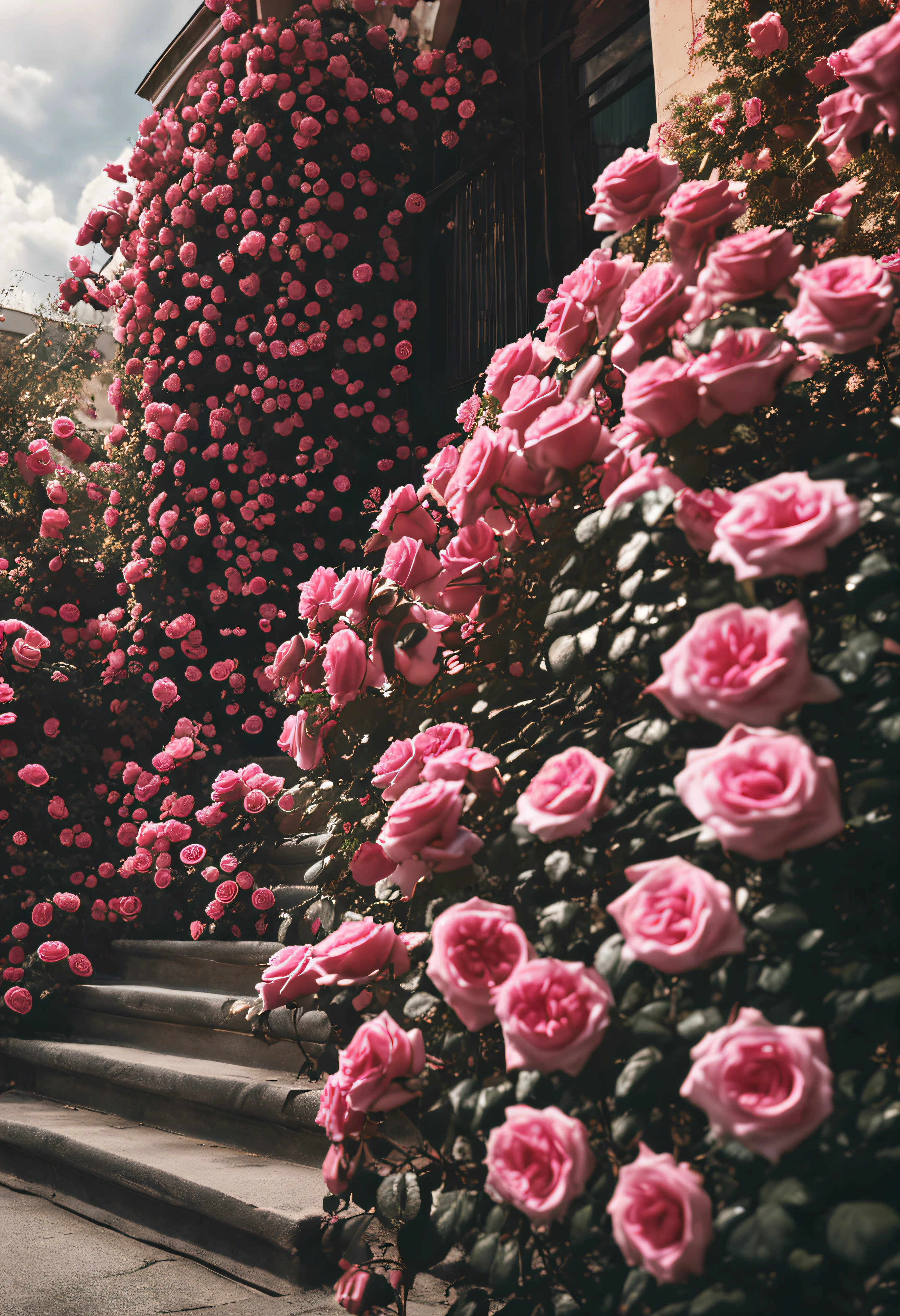 Pink roses grow on the steps of the building, red roses at the top, rosses, rosette, Beautiful and aesthetic, Rose garden, beautiful aesthetic, beutifull, Beautiful nature, big breasts beautiful, very very beautiful, stairway to heaven, Beautiful image, beautiful flowers growing, roses in cinematic light, Rose, beautiful aesthetic design, Really beautiful nature, Beautiful flowers,Purple flowers,城市