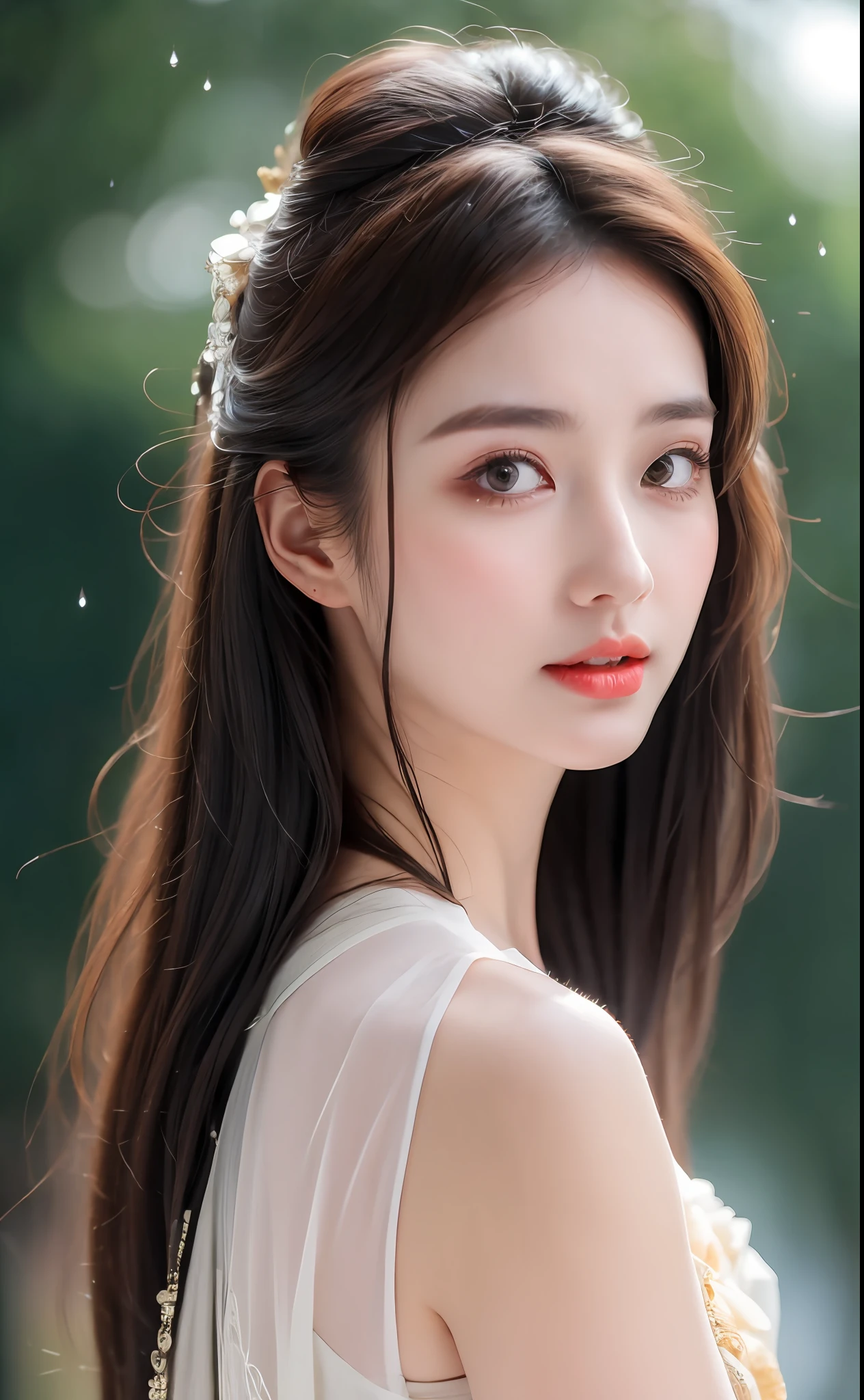 ((Best Quality, 8k, Masterpiece: 1.3)), Focus: 1.2, Perfect Body Beauty: 1.4, Buttocks: 1.2, ((Layered Haircut)), (Wet Clothes: 1.1), (Rain, Street:1.3), (Breasts: 1.2), (Hanfu: 1.2), Bare Shoulders, Bare Legs, Highly Detailed Face and Skin Texture, Fine Eyes, Double Eyelids, Whitened Skin, Long Hair, (Shut Up: 1.5), (Bokeh Background: 1.5), Big Breasts
