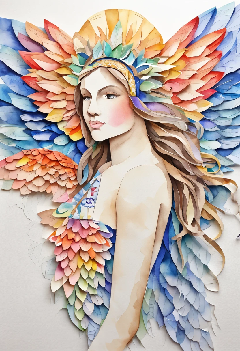 (FULL BODYSHOT:1.4), White background, (1 Angel Girl,Glowing wings, Halo, Exquisite headdress, Smile), (paper art, Quilted Paper Art, Geometry), highly colorful