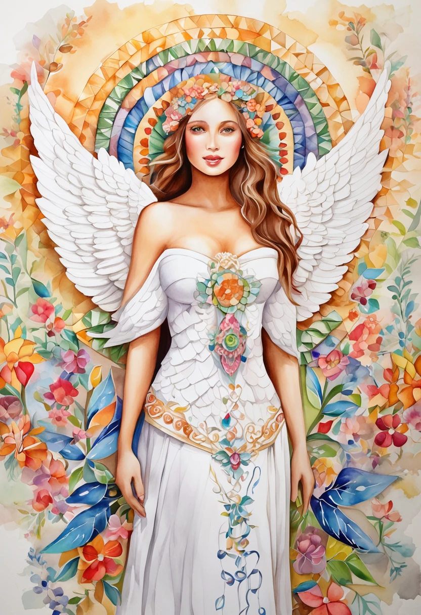 (FULL BODYSHOT:1.4), White background, (1 Angel Girl,Glowing wings, Halo, Exquisite headdress, Smile), (paper art, Quilted Paper Art, Geometry), highly colorful