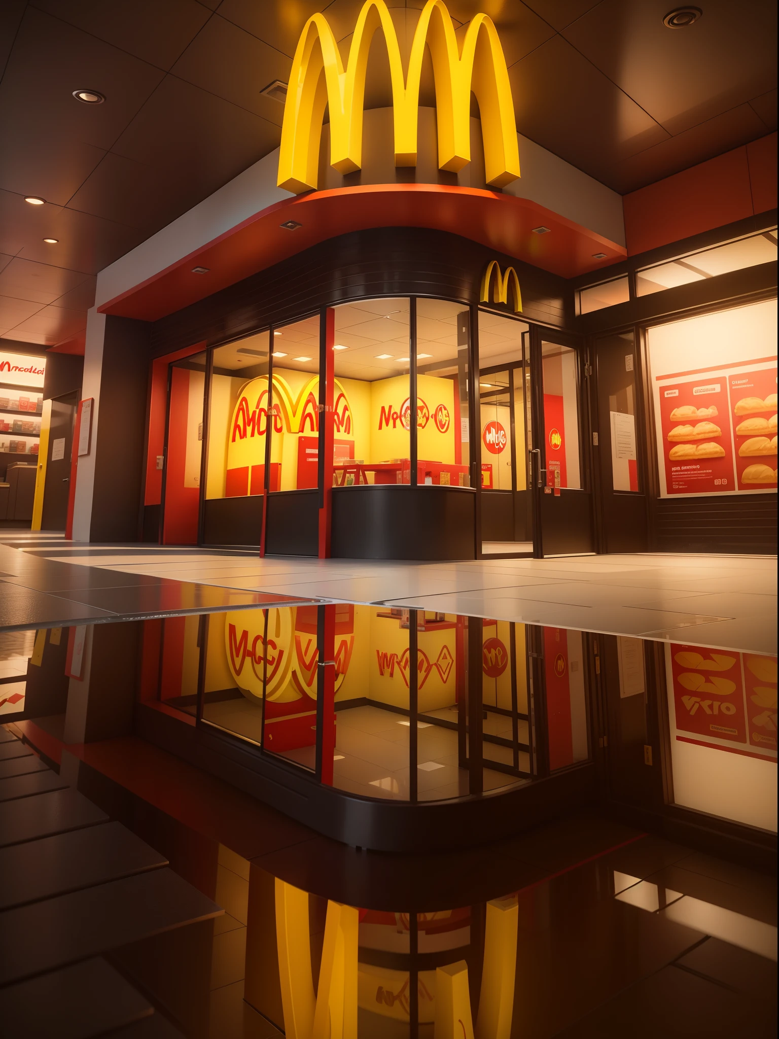 create a glass store all mirrored in red and yellow with the logo with the McDonald's logo right in the center at the front of the store, Photorealistic, Photorealism, Full-HD, 1080p, 16k, Realistic, Hyperrealistic, Hyper Real, digital