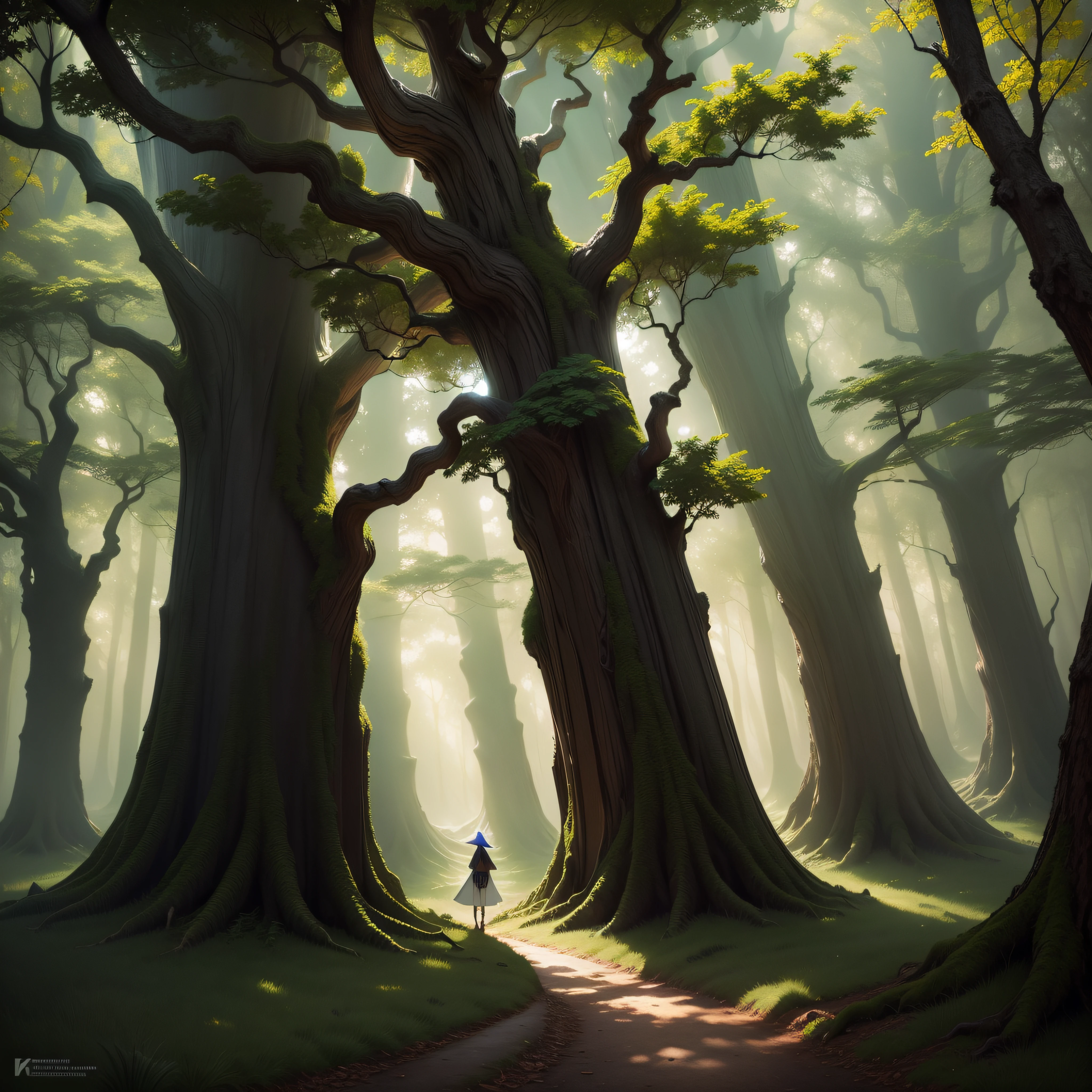 oak forest, time travel oak tree portal, small pilgrim on deep dark forest path, sensual, fantasy art, epic fantasy digital art style, 4k fantasy art, front light