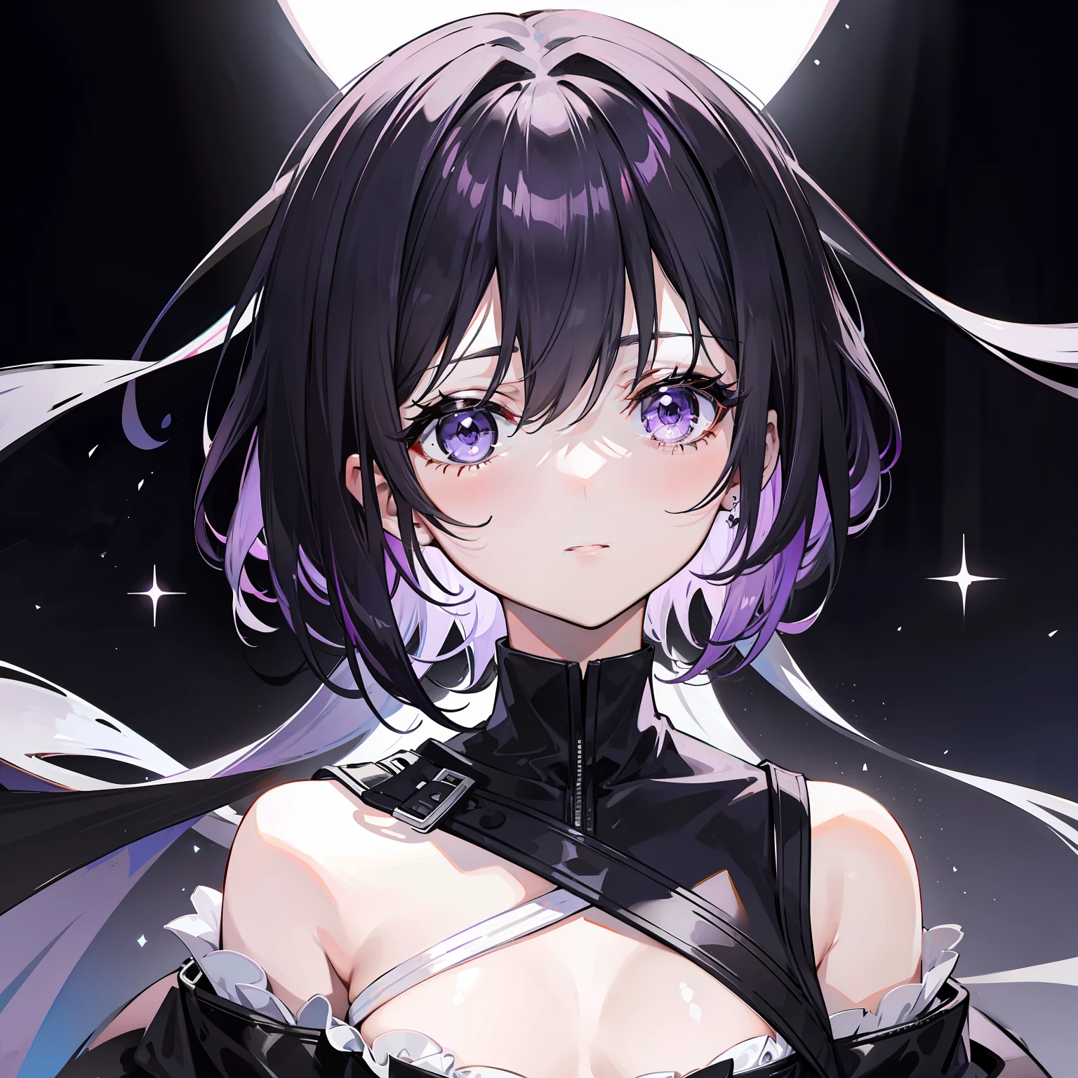 Black dyed with short light purple hair，Dress in plain black format，Has a pure white accent，Sweet