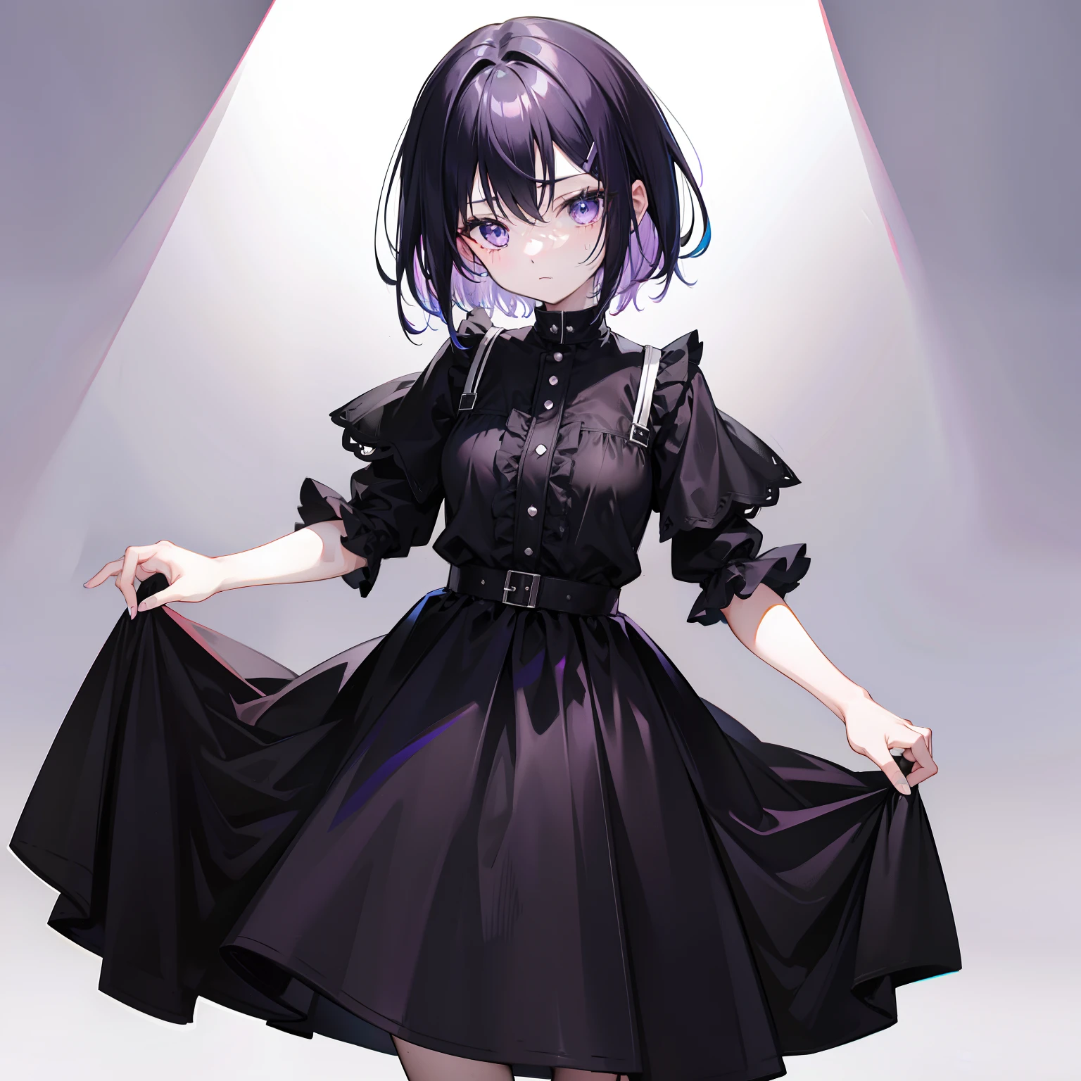 Black dyed with short light purple hair，Dress in plain black format，Has a pure white accent，Sweet