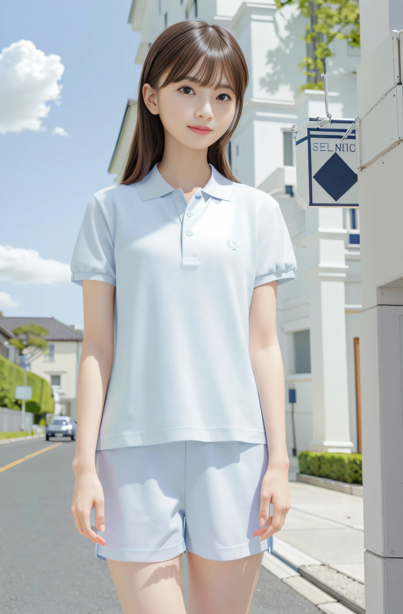 mid night、​masterpiece、top-quality、超A high resolution、(Photorealsitic:1.4)、Beautie、Left and right symmetrical eyes、１６age、Korean Idols、extremely detailed eye and face、beatiful detailed eyes、lofty nose、a small face、Natural sunlight、depth of fields、Blurry background、hight resolution、8k wallpaper、finely detail、Very detailed 8k wallpaper、light brown hair、small tits、Very small breasts、Realistic eyes, slender narrow eyes、Beautiful eyes、A smile、In the street、slender、A slender、Slender body lines、(((Medium Hair:1.2)))、((((Sharp face lines)))、Healthy complexion、((Hair covering the ears))、Outer Hair Neckline,、shortpants、(((polo shirts:1.2)))、Cropped bangs、