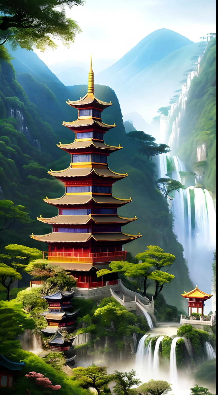 2. Mountain view with waterfall and pagoda in the middle, painted scene by Han Gan, winner of cg society competition, fantasy art, dreamy Chinese town, Chinese landscape, Chinese fantasy, made of trees and fantasy valley, ancient city view, order Impressive fantasy landscape, most epic landscape, pagoda on hill, mountainous jungle environment, avatar landscape, chinese village.