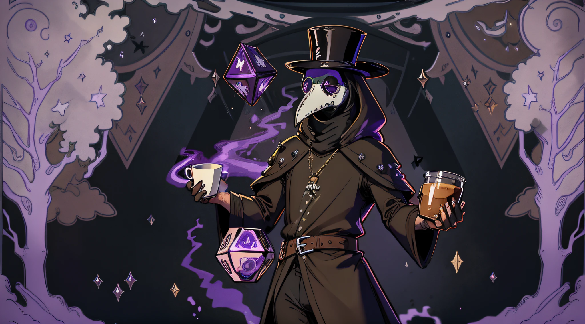 gentleman, plague doctor mask, long top hat, holding twenty-sided dice, purple aura, coffee