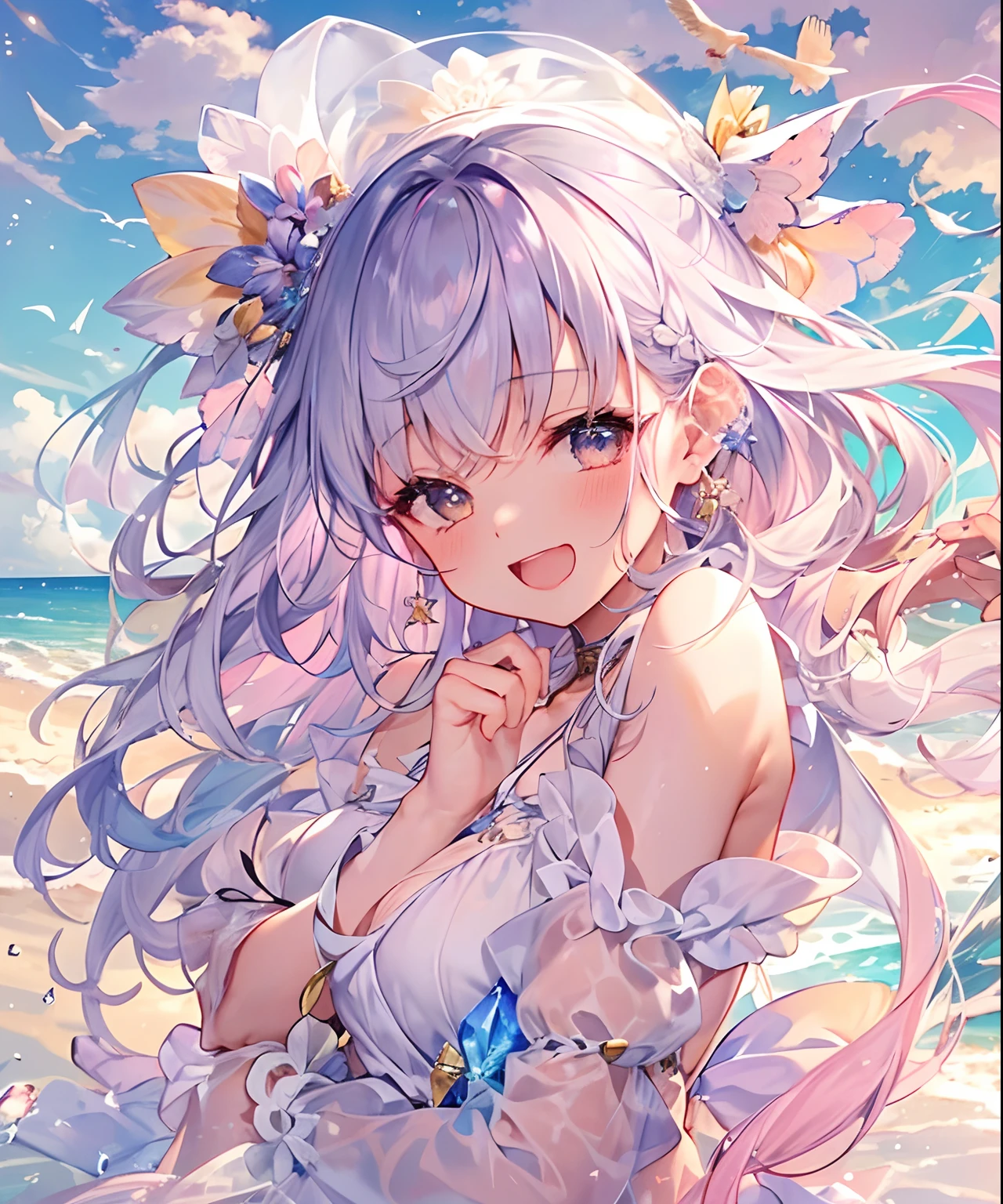 (((masterpiece)))、(((top-quality)))、((ultra-detailliert))、(illustratio)、((extremely delicate and beautiful))、、Bright smile、floating、Light purple hair、(Detailed light) (1girl in)、、独奏、The long-haired、The wind is blowing、A WORLD、(cute eye)、an orange、pink there、Yellow blends to fill the sky、The sunset over the beach is truly mesmerizing。The crystal clear sea gently kisses the shore、White sand beaches stretch everywhere。Seagulls soar high into the sky、It is a dynamic and breathtaking scene with palm trees gently swaying。Embrace a calm atmosphere、Peace washes you。
