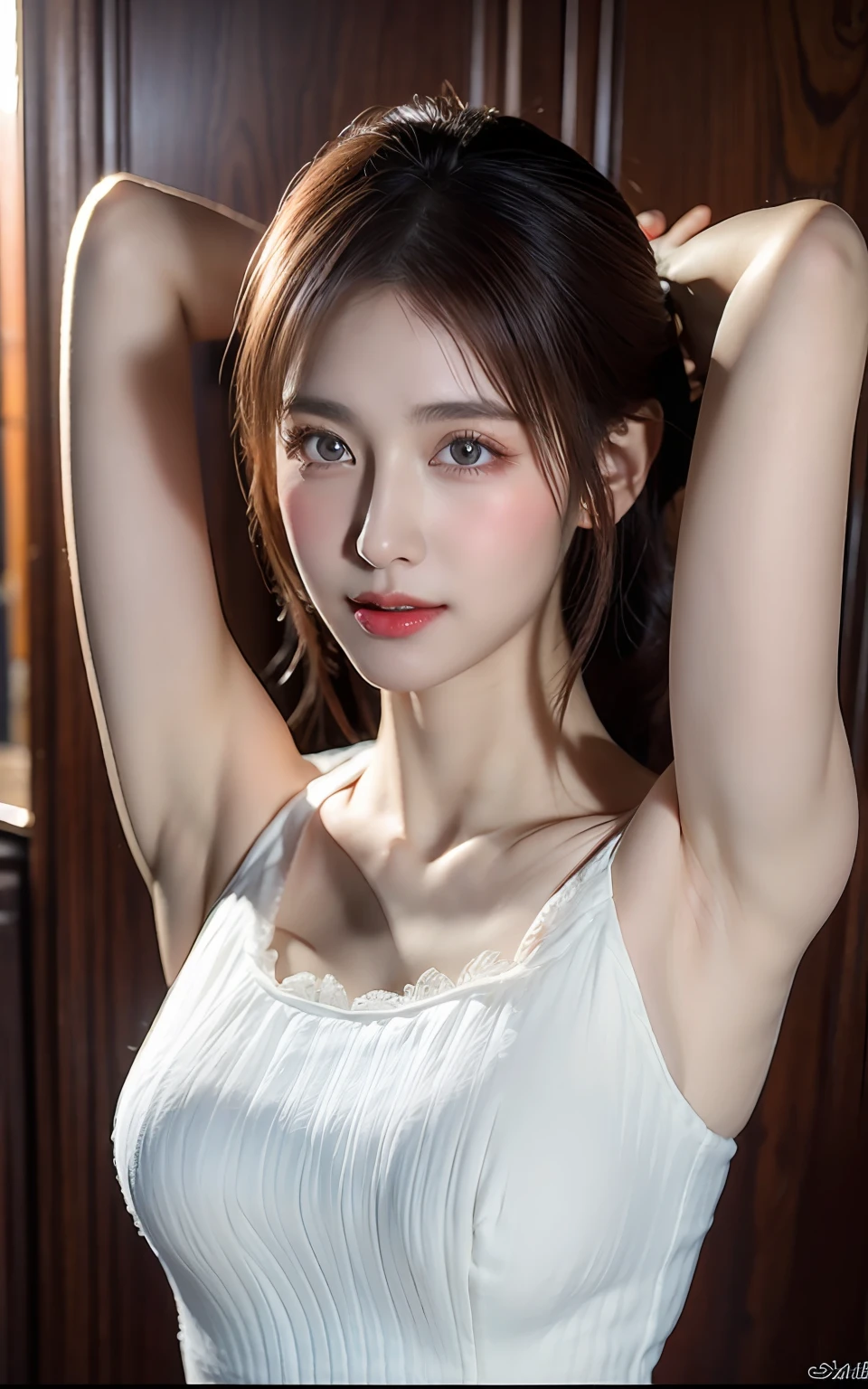 Highly detailed CG Unity 8K wallpapers、top-quality、ultra - detailed、tmasterpiece、hentail realism、Photorealsitic、extremely detailed cute girl、(25 age old)、Red blush、roundly eyes、Semi-body shot、white wedding gown、veils、armpit focus