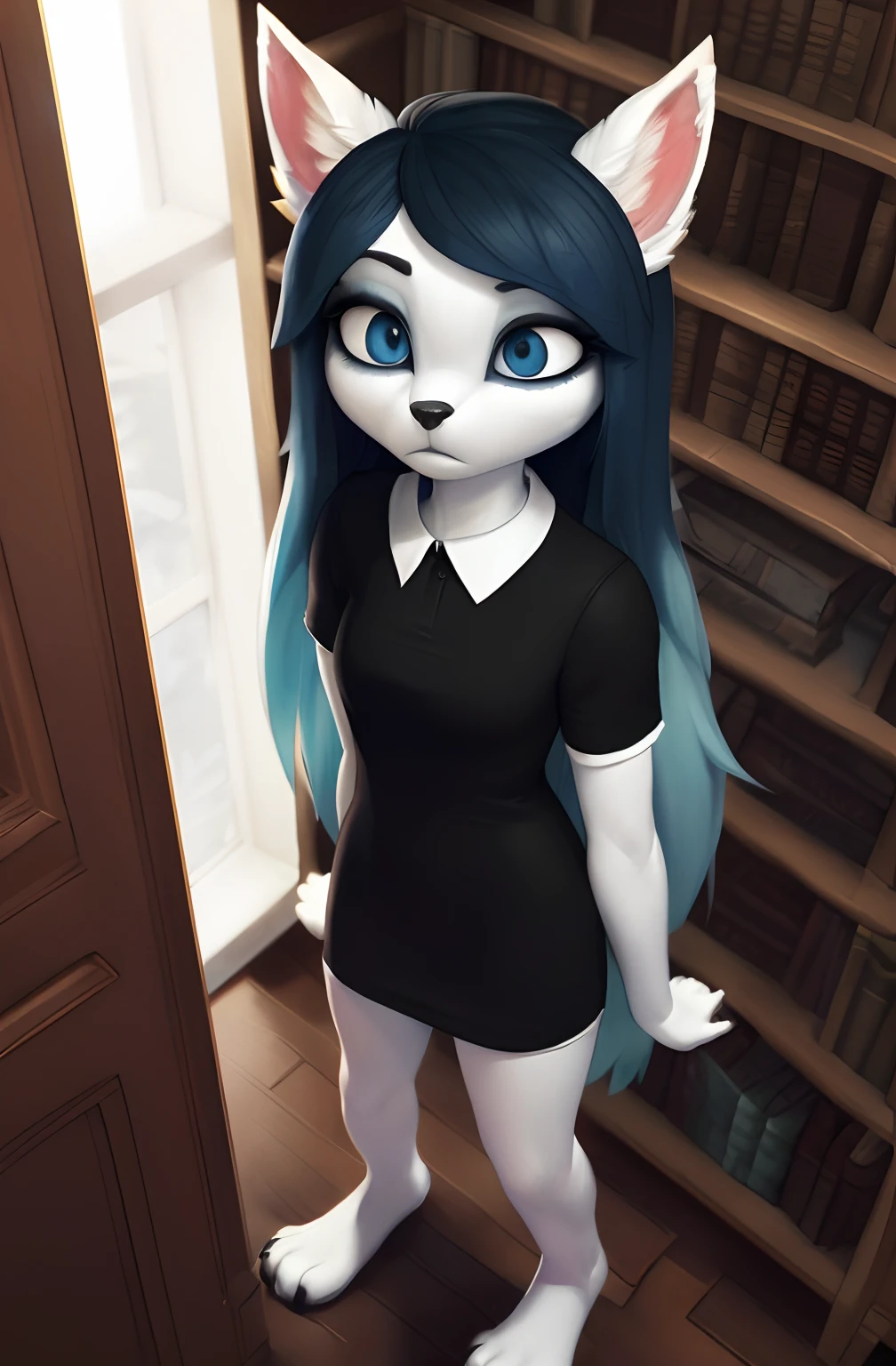 [Claire (the summoning)], [Uploaded to e621.net; (Pixelsketcher), (wamudraws)], ((masterpiece)), ((1girl)), ((solo portrait)), ((full body)), ((below view)), ((furry; anthro)), ((detailed fur)), ((detailed shading)), ((beautiful 3D art)), {anthro; (white fur, black nose), long blue hair, (bang over left eye), dark blue slit eyes, (black claws), (beautiful feet)}, {(short sleeve black white-collared shirt), (tight short bodycon dress), (panty upskirt)}, {(standing over viewer), (standing on step stool), (searching bookshelf), (arm above head), (looking down)}, [background; (library), (bookshelf)]