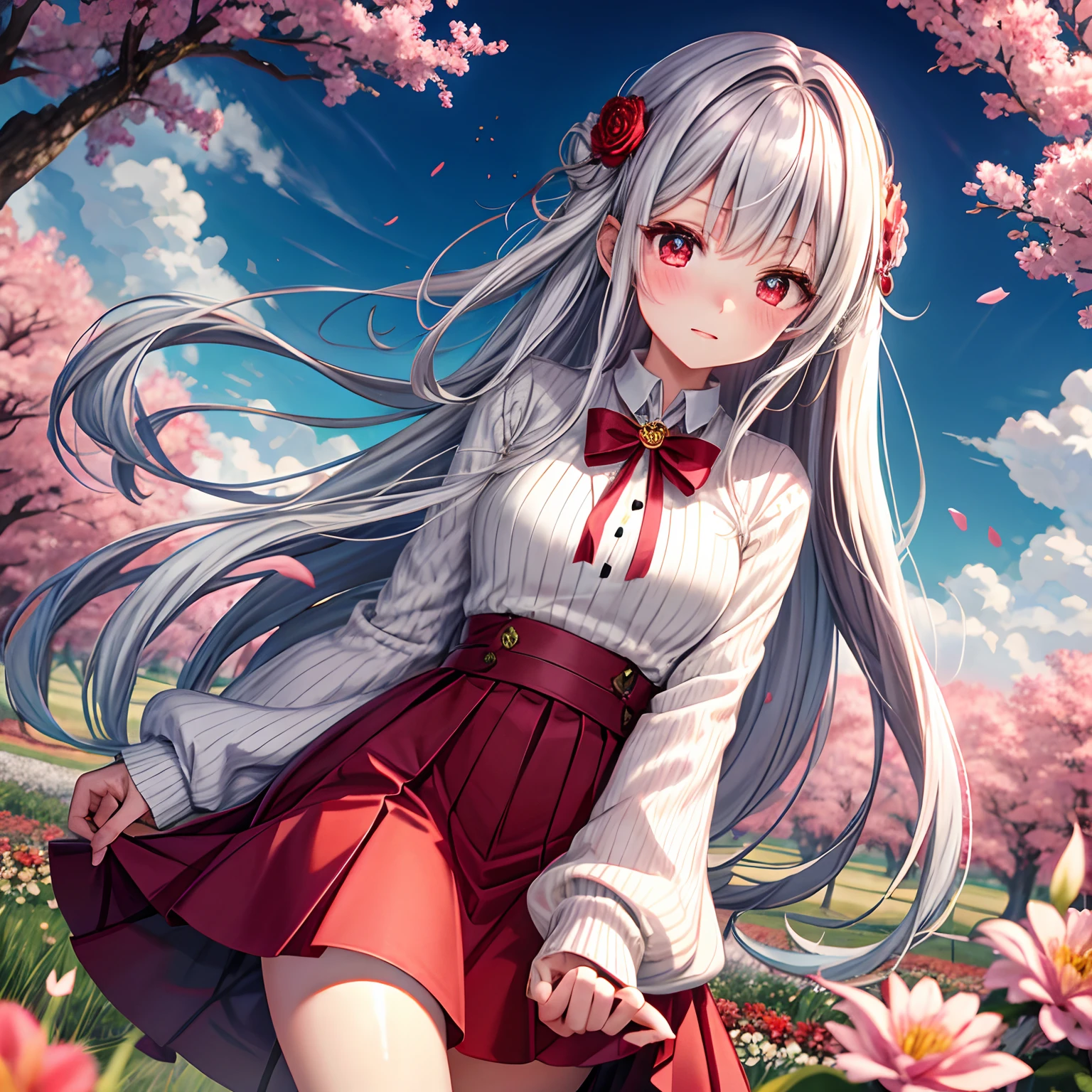 red blush、Silvery hair、Longhaire、red eyes、Beautiful girl alone、animesque、独奏、Sweaters、skirt by the、flower field、