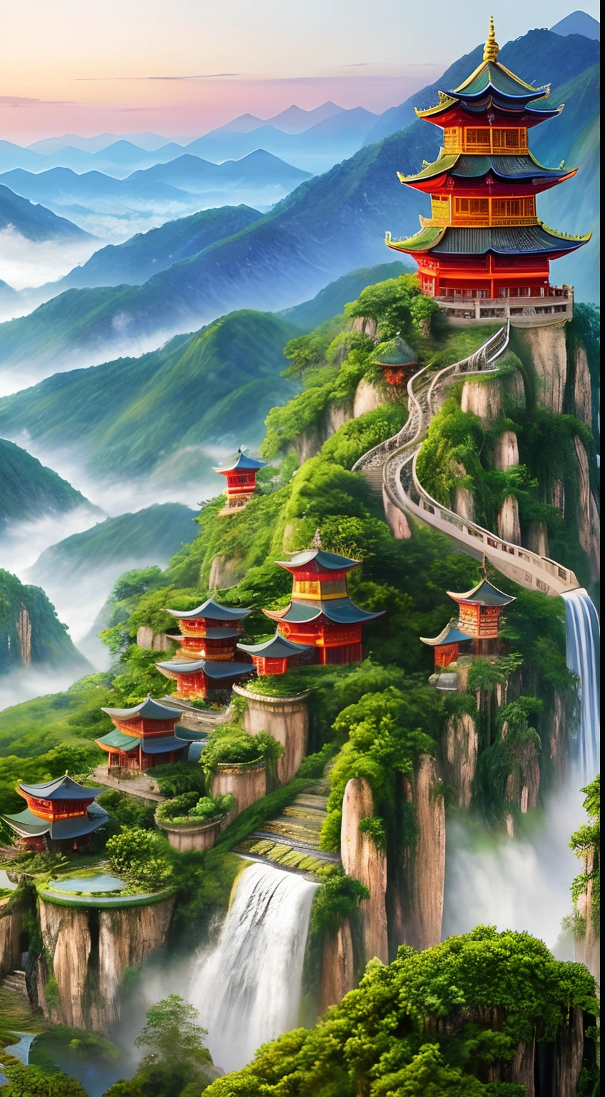 2. Mountain view with waterfall and pagoda in the middle, painted scene by Han Gan, winner of cg society competition, fantasy art, dreamy Chinese town, Chinese landscape, Chinese fantasy, made of trees and fantasy valley, ancient city view, order Impressive fantasy landscape, most epic landscape, pagoda on hill, mountainous jungle environment, avatar landscape, chinese village.