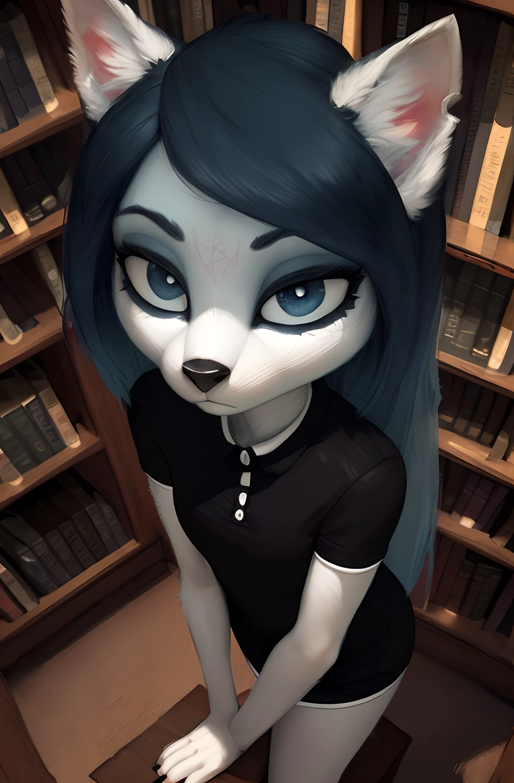 [Claire (the summoning)], [Uploaded to e621.net; (Pixelsketcher), (wamudraws)], ((masterpiece)), ((1girl)), ((solo portrait)), ((full body)), ((above view)), ((feet visible)), ((furry; anthro)), ((detailed fur)), ((detailed shading)), ((beautiful 3D art)), {anthro; (white fur, black nose), long blue hair, (bang over left eye), dark blue slit eyes, (black claws), (cleavage), (white fluid on face and chest)}, {(short sleeve black white-collared shirt), (tight short bodycon dress), (thigh-highs), (barefoot)}, {(on knees), (hands in lap), (looking up)}, [background; (library), (bookshelf)]