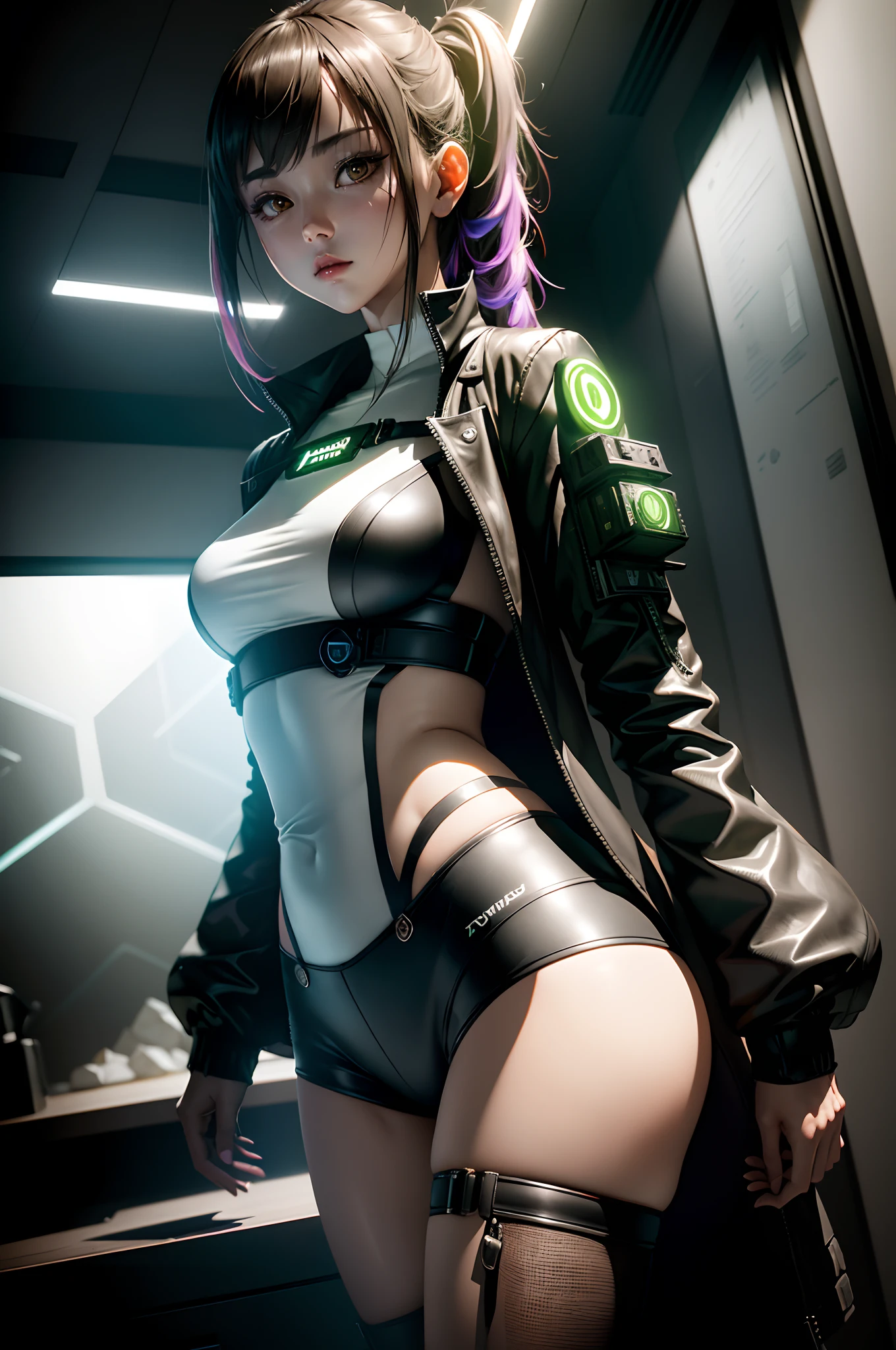 ((best qualtiy)), ((tmasterpiece)), (the detail:1.4), 。.3D, A beautiful cyberpunk female image,hdr(HighDynamicRange),Ray traching,NVIDIA RTX,Hyper-Resolution,Unreal 5,Subsurface scattering、PBR Texture、post-proces、Anisotropy Filtering、depth of fields、maximum definition and sharpness、Many-Layer Textures、Albedo e mapas Speculares、Surface coloring、Accurate simulation of light-material interactions、perfectly proportions、rendering by octane、Two-colored light、largeaperture、Low ISO、White balance、the rule of thirds、8K raw data、Raised translucent top, Smaller top, Smaller white lace shorts, Raised