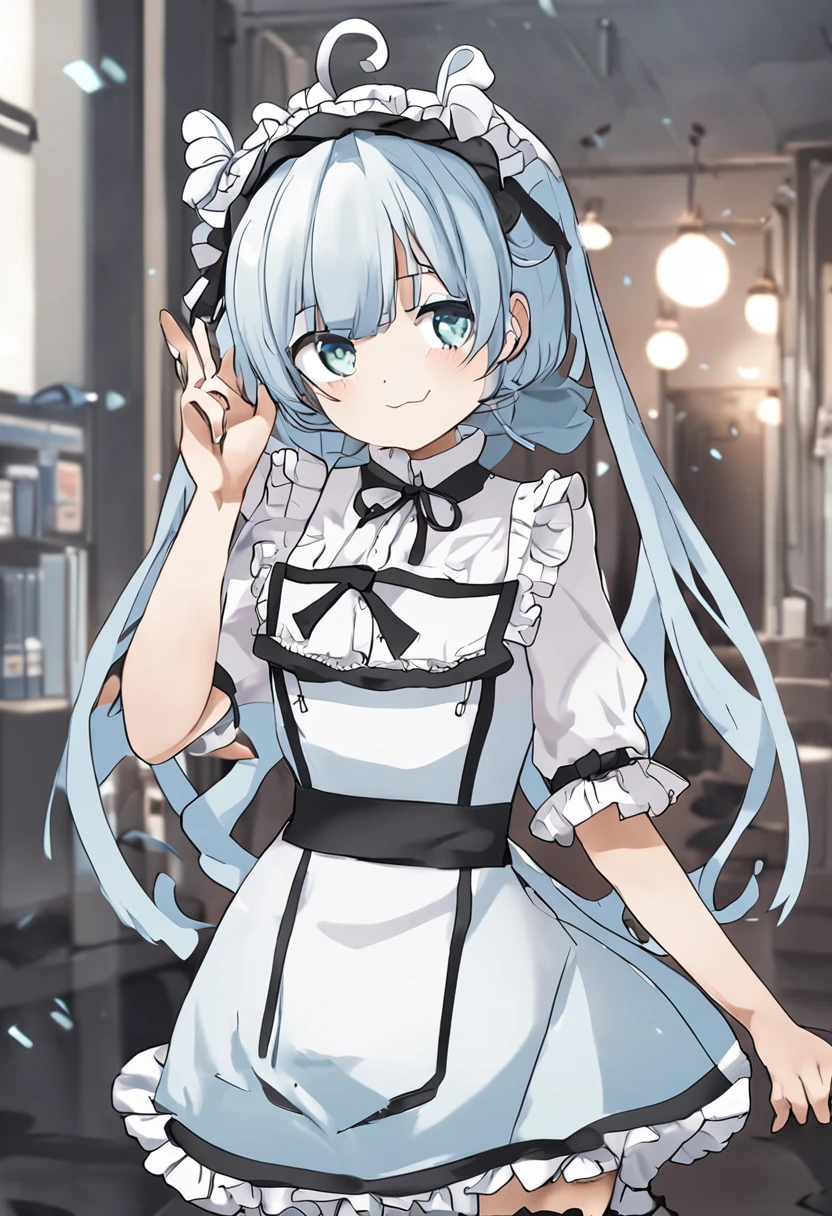 One eye is hidden in the hair, long bangs, Bangs covering the eyes, Hide one eye, anime girls in maid costumes, maid clothes, Remu, Rezero, loli in dress, maid dress, small curvy loli, As an anime character, lightblue hair, short-hair, shorth hair, Black and white maid clothes, one eye, Hair is not tied up