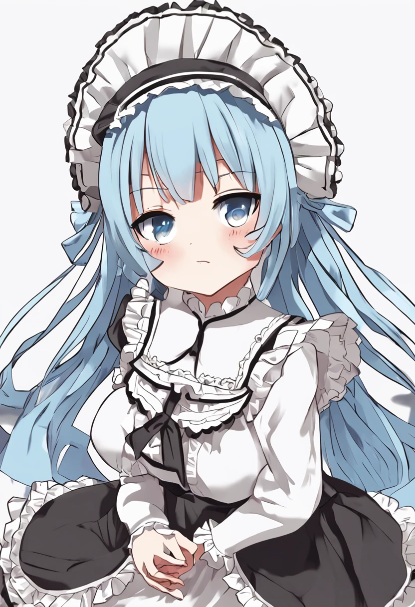 One eye is hidden in the hair, long bangs, Bangs covering the eyes, Hide one eye, anime girls in maid costumes, maid clothes, Remu, Rezero, loli in dress, maid dress, small curvy loli, As an anime character, lightblue hair, short-hair, shorth hair, Black and white maid clothes, one eye, Hair is not tied up