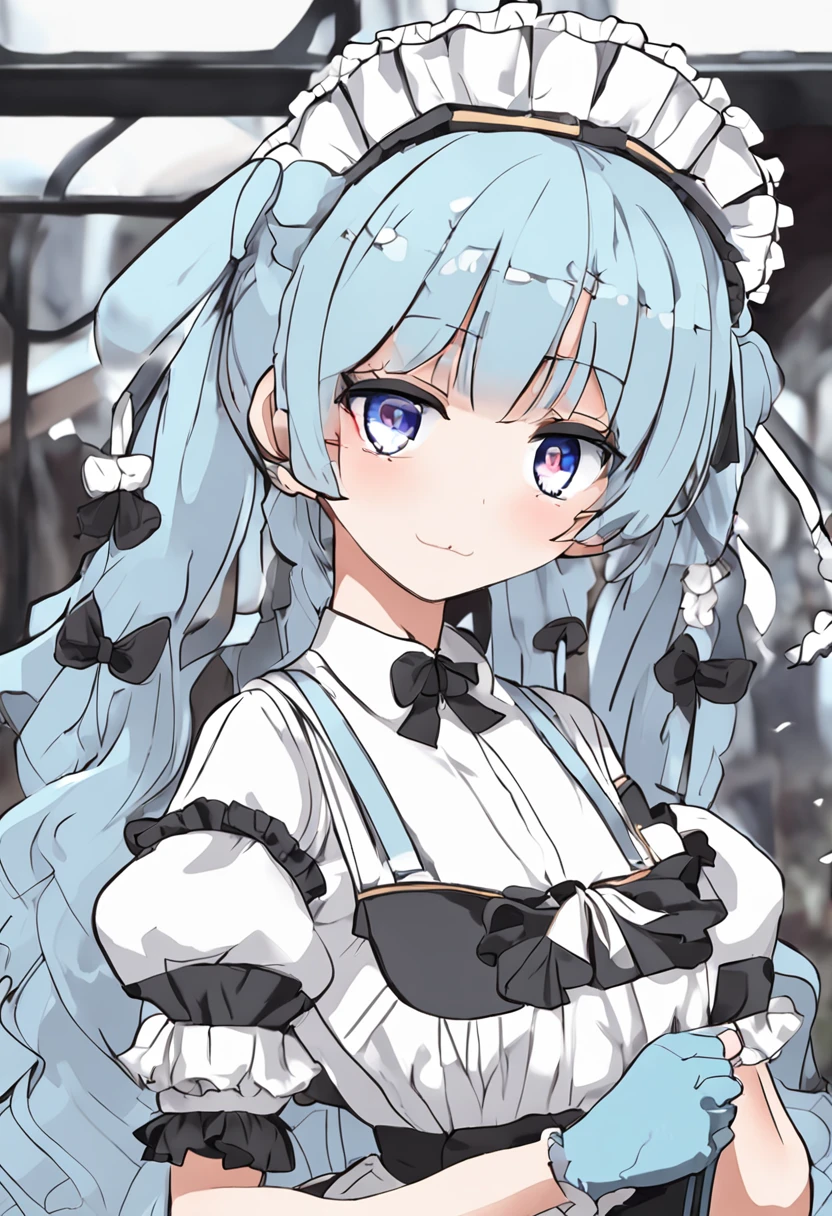 One eye is hidden in the hair, long bangs, Bangs covering the eyes, Hide one eye, anime girls in maid costumes, maid clothes, Remu, Rezero, loli in dress, maid dress, small curvy loli, As an anime character, lightblue hair, short-hair, shorth hair, Black and white maid clothes, one eye, Hair is not tied up