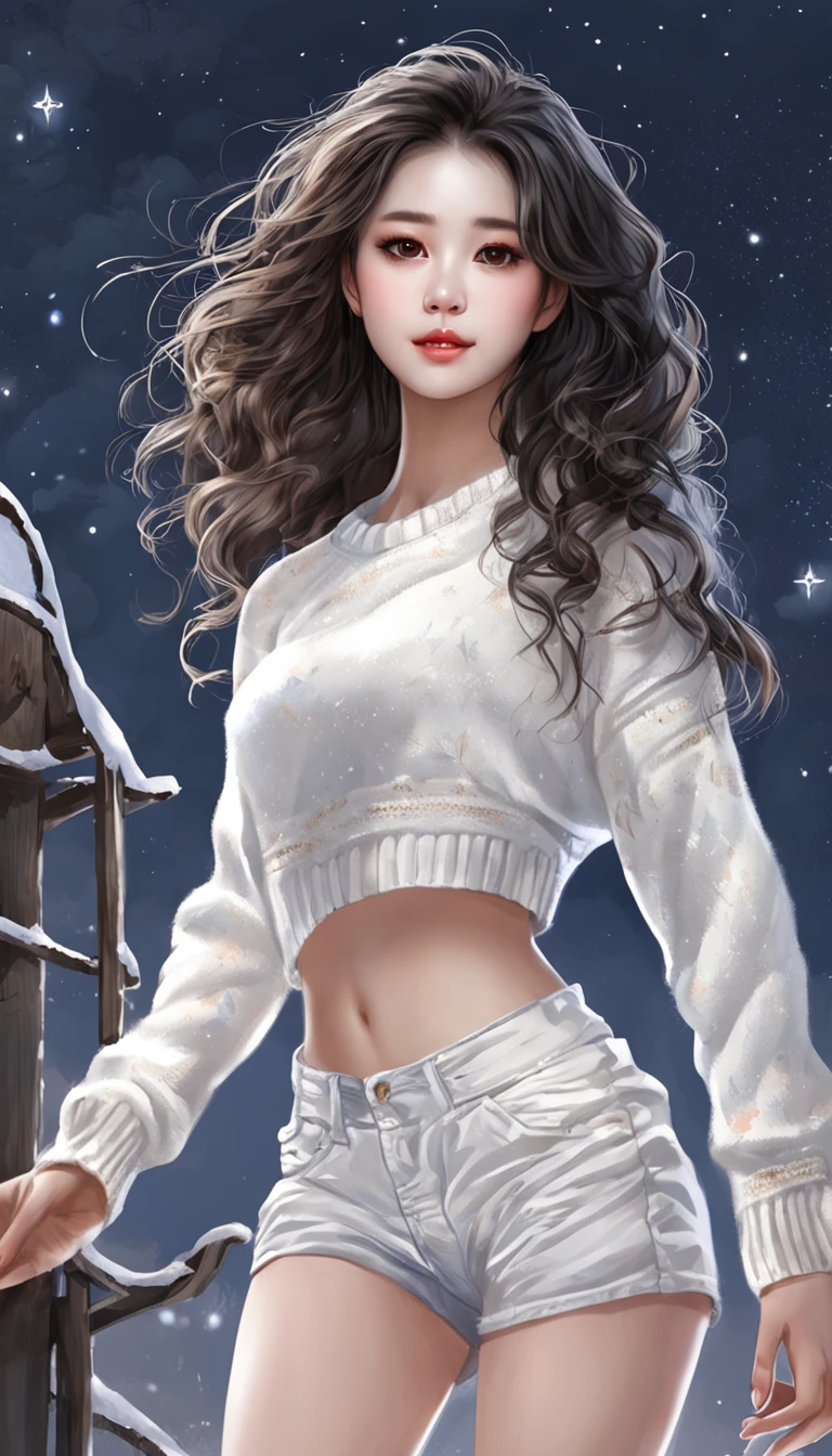 ((from side)), ((from below)), ((full body)), ((realistic)), Beautiful young girl, Beautiful Korean model, cabelos preto e longos, curlies, By bangs, (slender leg), (cold light, the night, starrysky), (at winter season, nevando, parks). ((White sweater, bshoulders, One shoulder, cropped shoulders, Short black skirt)), Detailed scenes, the detail,Hyper-detailed, (correct hand), (anatomy correct), (best qualtiy,tmasterpiece)