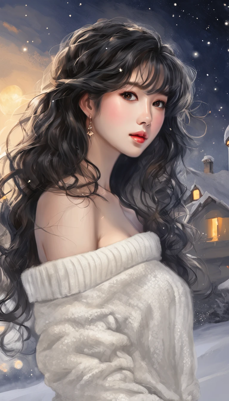 ((from side)), ((from below)), ((full body)), ((realistic)), Beautiful young girl, Beautiful Korean model, cabelos preto e longos, curlies, By bangs, (slender leg), (cold light, the night, starrysky), (at winter season, nevando, parks). ((White sweater, bshoulders, One shoulder, cropped shoulders, Short black skirt)), Detailed scenes, the detail,Hyper-detailed, (correct hand), (anatomy correct), (best qualtiy,tmasterpiece)