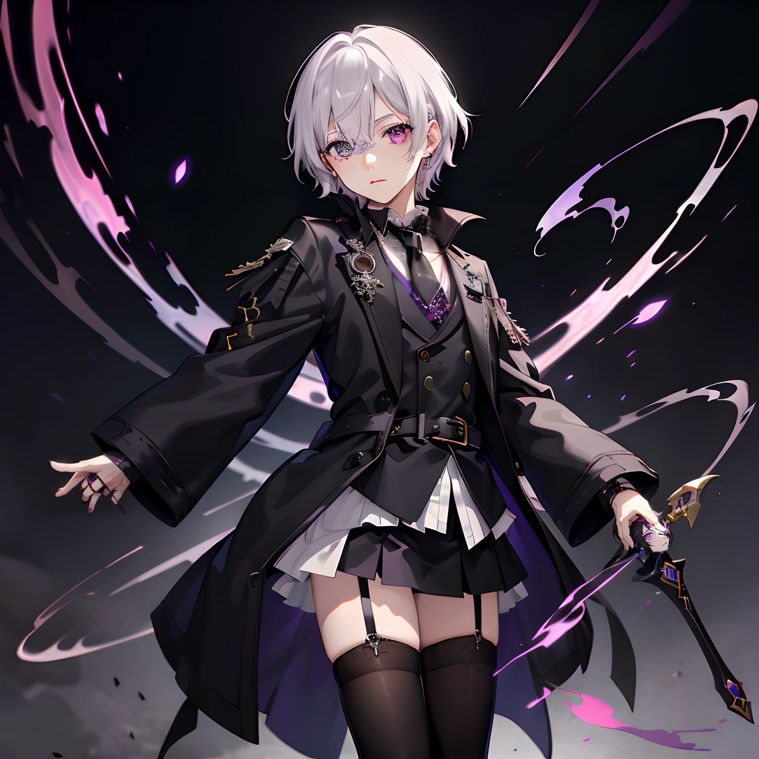 Heterochromic pupils，Purple eye，Unilateral eye patch，short detailed hair，younge boy，Cold，gotik，Delicate face，Exquisitehands，nobles，Long black socks，leather shoes，sceptre，high qulity，black color hair，Shota，solo person，brunette color hair，face expressionless