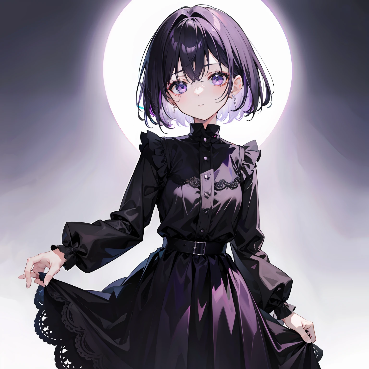 Black dyed with short light purple hair,Dress in plain black format,Has a pure white accent,Sweet
