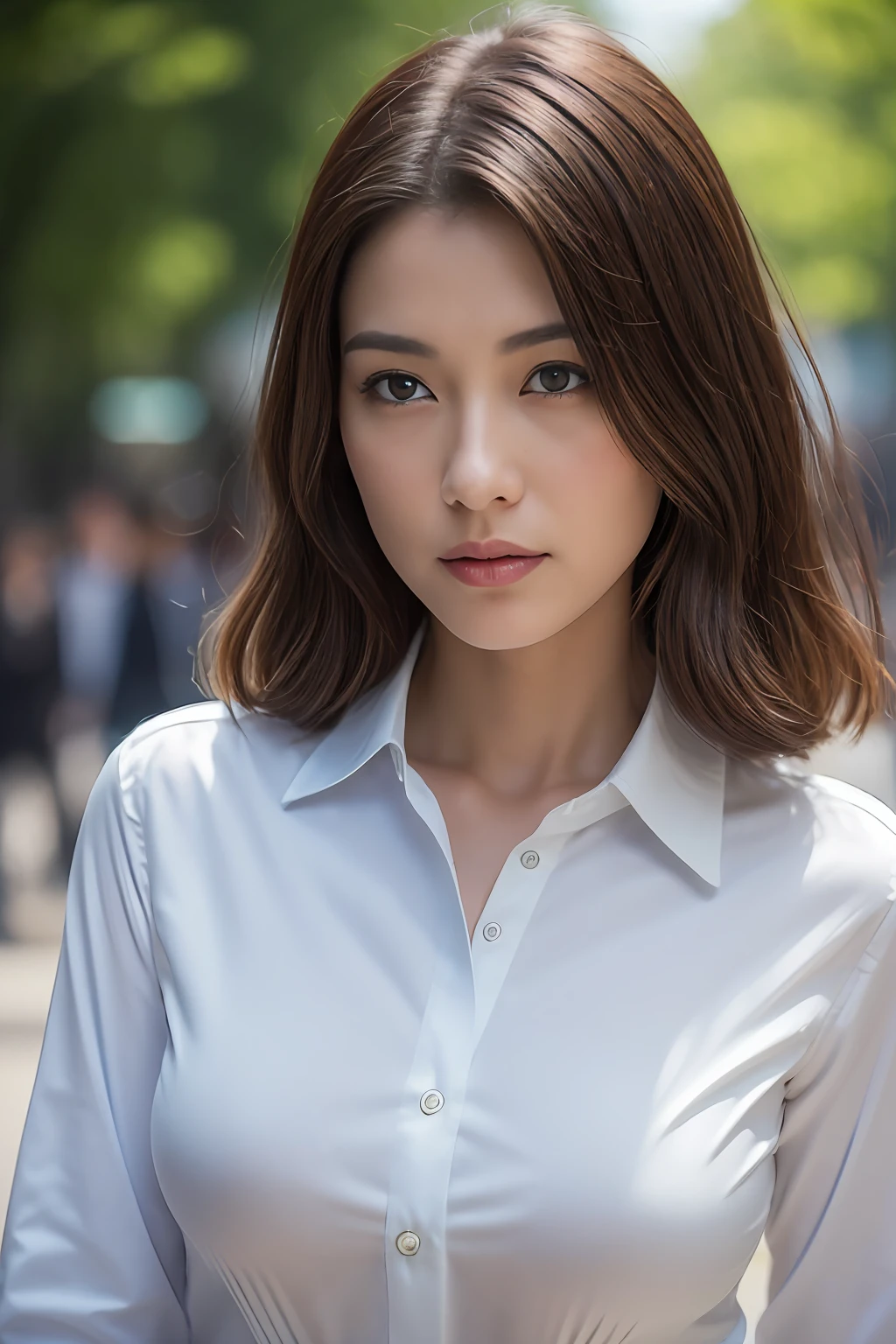 ((Best quality, 8K, Masterpiece :1.3)), Sharp focus :1.2, perfect figure beautiful woman:1.4, Slim abs:1.2, ((dark brown hair, huge tit:1.2)), White collared shirt,Not exposed,(Natural light, the city street:1.1), Highly detailed facial and skin texture,A detailed eye,二重まぶた