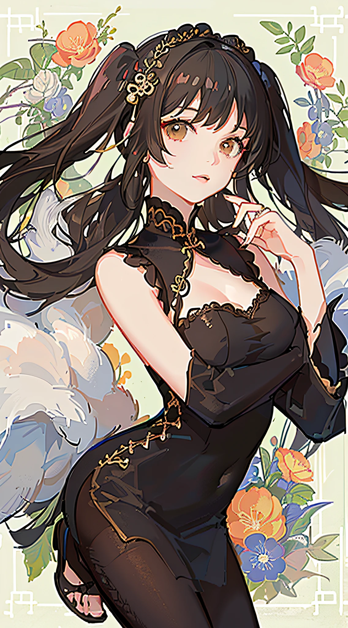 girl,full body,(detailed face:1.2), masterpiece, fashion,chinese dress,, medium hair, black hair, twintails, blunt bangs, brown eyes,
