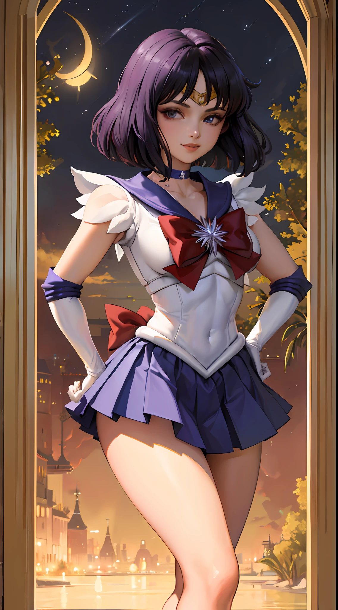 (absurdres, highres, ultra detailed, HDR), masterpiece, best quality, solo, 1girl, sailor saturn, magical girl, smile, closed mouth, looking at viewer, hand on hip, tiara, sailor senshi uniform, pleated skirt, elbow gloves, jewelry, brooch, choker