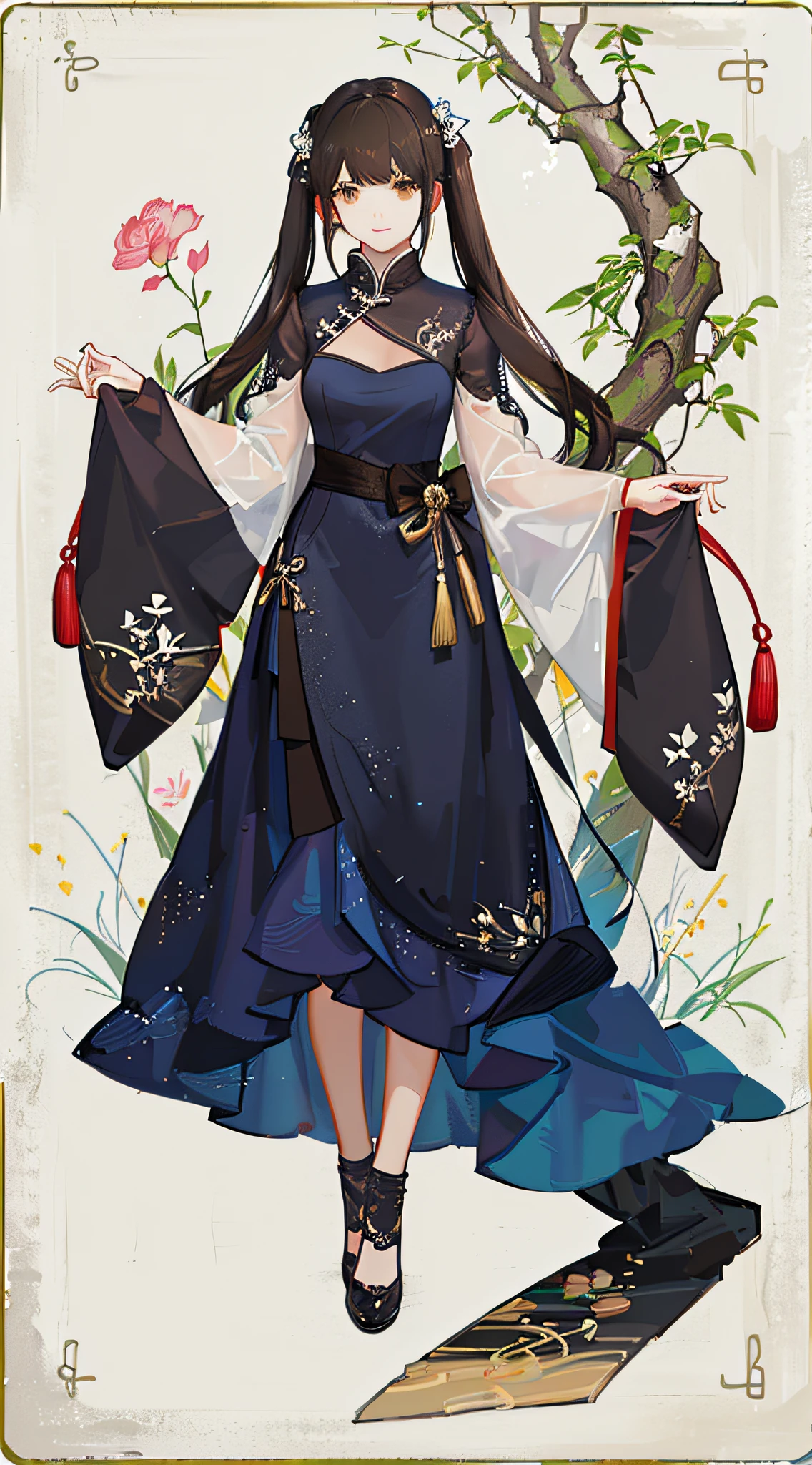 girl,full body,(detailed face:1.2), masterpiece, fashion,chinese dress,, medium hair, black hair, twintails, blunt bangs, brown eyes,