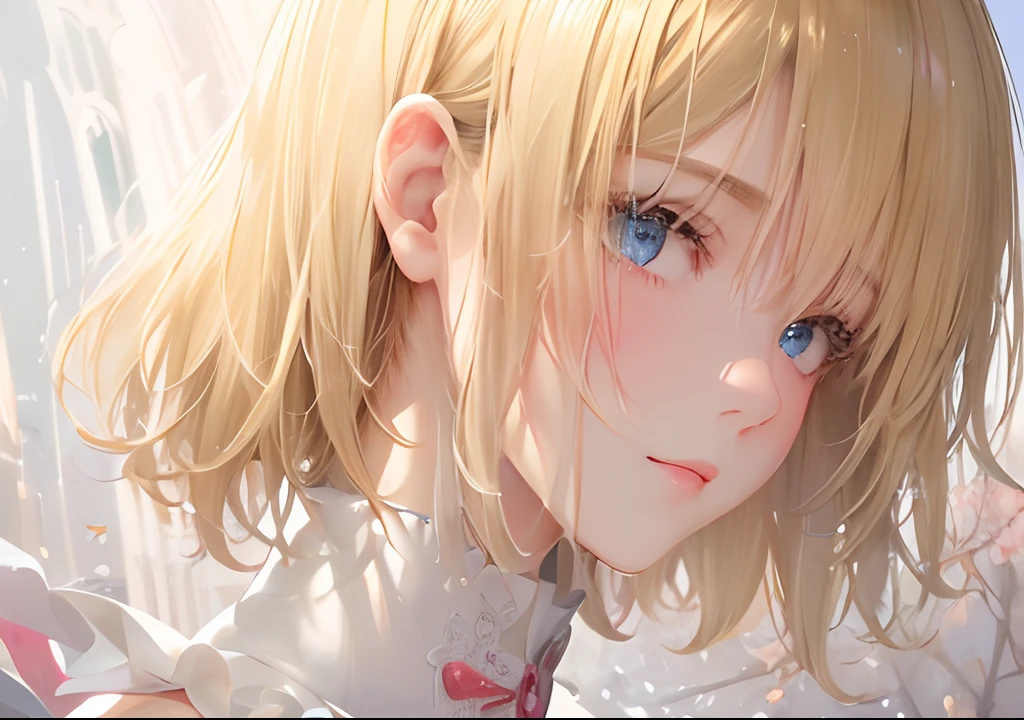 (masterpiece),((top-quality)),(offcial art),(Beautiful and indulgent:1.2),(1girl in:1.3),Facial expressions that close the eyes,Small breasts,((Blonde Beauty)),breasts are small、BREAK,Beautiful woman in white Japanese clothes,Transparency,bob cuts,Detailed drawing。Vibrant colors。colourfull、viewersviewing,highestdetailed ((ultra-detailliert)),(Highly detailed 2D illustrations),((Extremely delicate and beautiful))Super Detail