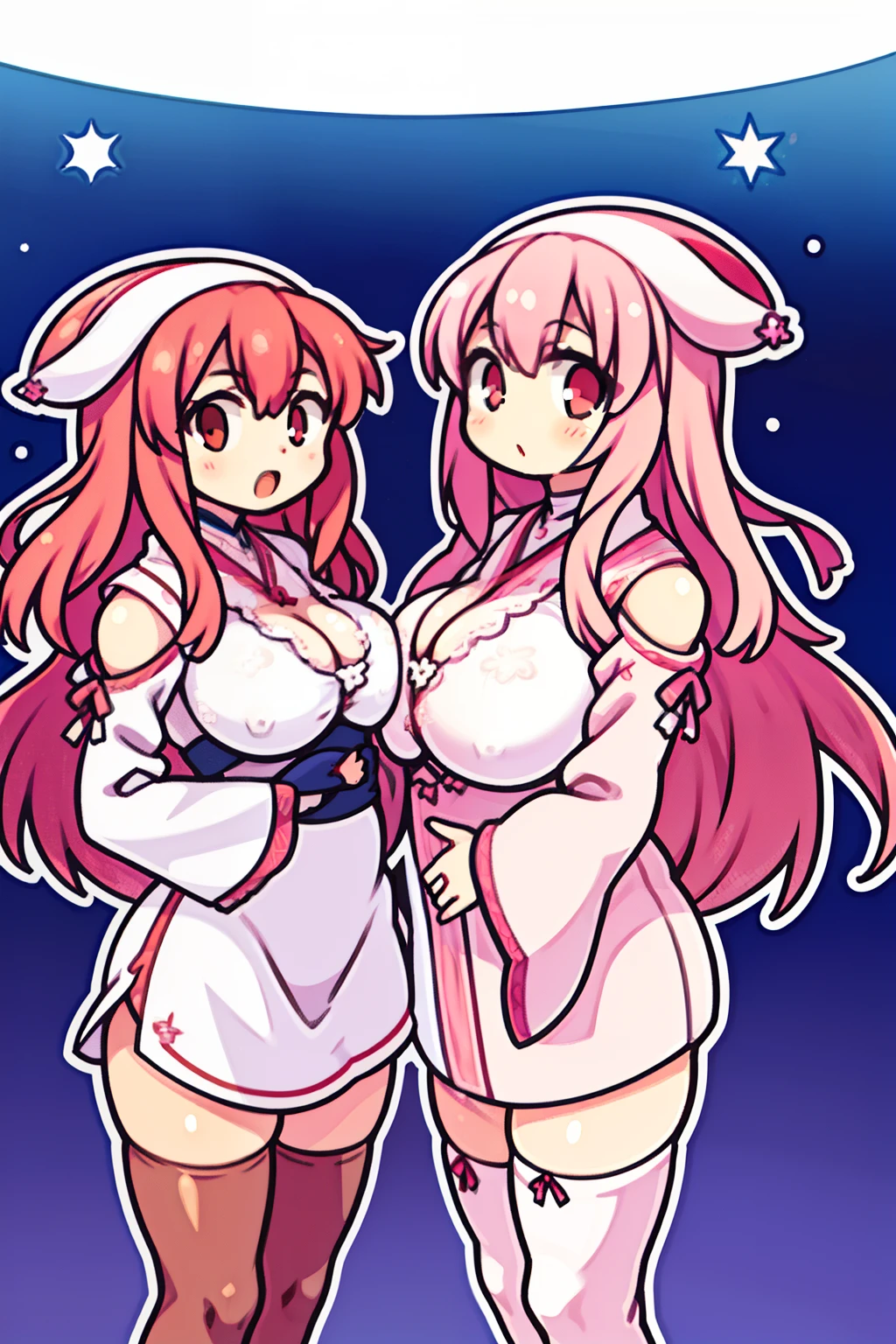 2girls,girl1:adolable,A pink-haired,Long grey hair,white stockings,robe blanche,Girl 2:adolable,A pink-haired,Long grey hair,white stockings,robe blanche。Kisses and hugs