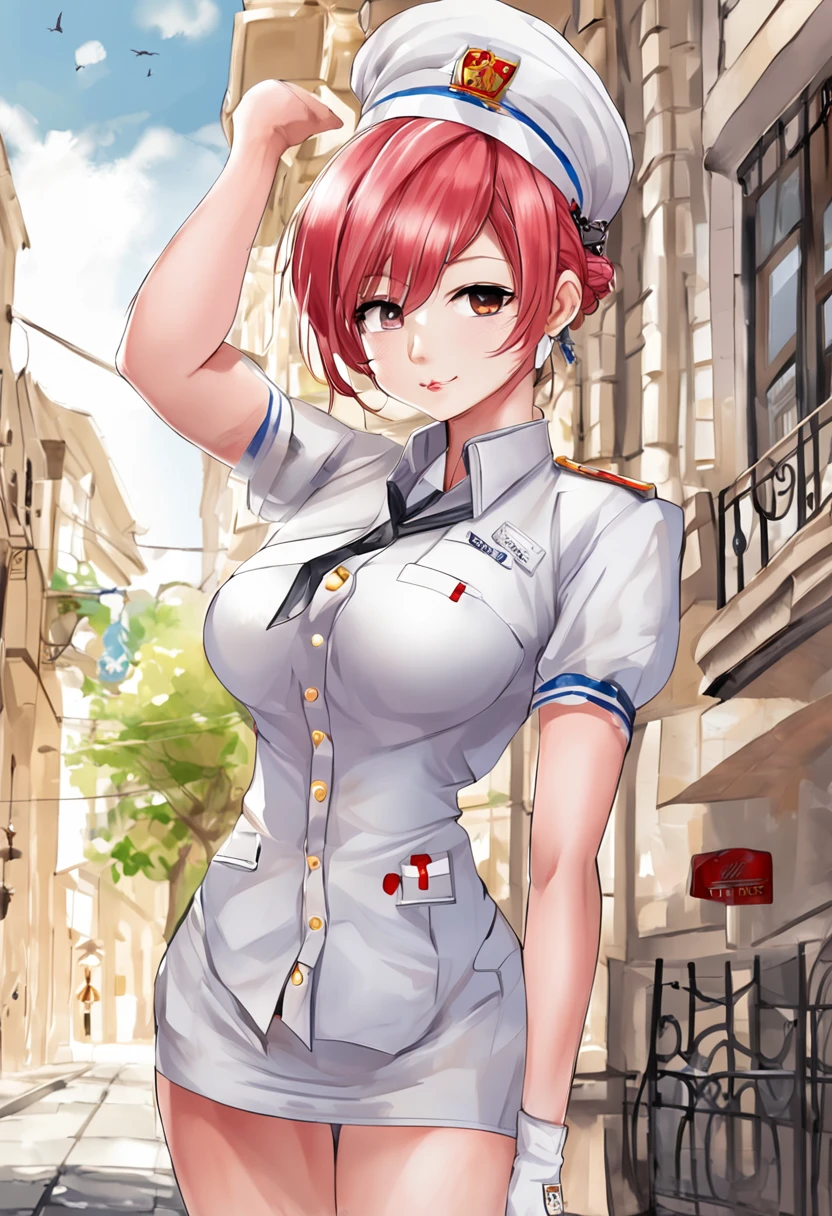 Full body like，United Kingdom，short detailed hair，A pink-haired，nurses，white  clothes，perfect figure beautiful woman, huge tit，Highly detailed facial and skin texture，A detailed eye，二重まぶた ( City street:1.1)