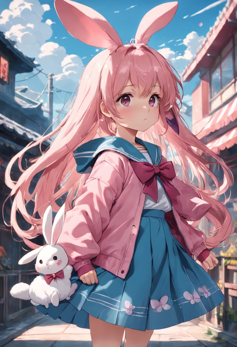A  in a long skirt with a little rabbit hairpin compared with one hand，Holding a small rabbit dressed in pink and wearing a fan bow hairpin at a large amusement park