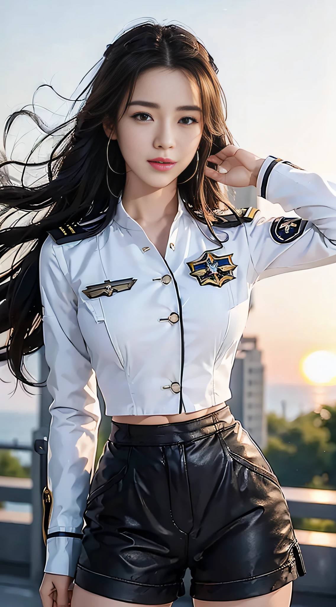 (Best quality, 8k, 32k, Masterpiece, UHD:1.2), (realistic:1.5), (masterpiece, Extremely detailed CG unity 8k wallpaper, best quality, highres:1.2), (ultra detailed, UHD:1.2), Photo of extremely cute and beautiful Japanese woman, (chestnut long wavy hair:1.2), adult, (detailed beautiful girl:1.4), best quality, woman, adult, (detailed US air-force pilot captain uniform:1.3), (white pilot captain shirt:1.3), (black high-waist shorts:1.3), (Beautiful sunset US air force base runway view background:1.2), embarrassed laughing:1, looking at viewer, facing the viewer, ((perfect female body)), (narrow waist:1.2), (upper body image:1.3), slender, abs, (large breasted:1.25), frame the head, wind, dynamic pose, cinematic light, back light, detailed clothes, perfect anatomy, perfect proportion, detailed human body, stylish model pose,