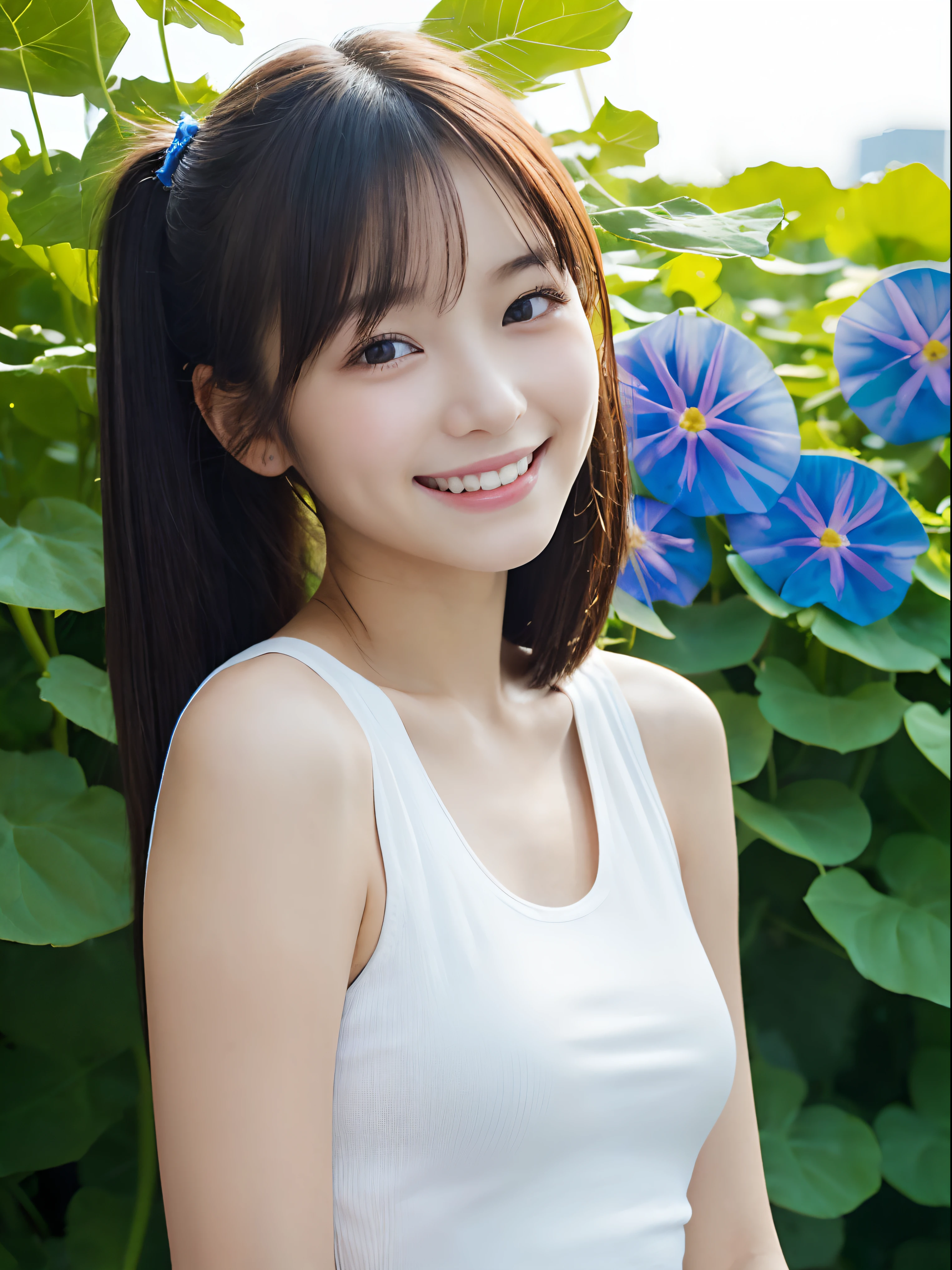 (Close up portrait of girl with slender small breasts with twin-tailed hair in white tank top:1.5)、(Smiling girl looking at morning glory flowers:1.5)、(Blue Sky Park:1.3)、(tre anatomically correct:1.3)、(complete hands:1.3)、(complete fingers:1.3)、Photorealsitic、Raw photography、masutepiece、top-quality、Hi-Res、delicate and pretty、face perfect、Beautiful detailed eyes、Fair skin、Real Human Skin、pores、((thin legs))、(Dark hair)