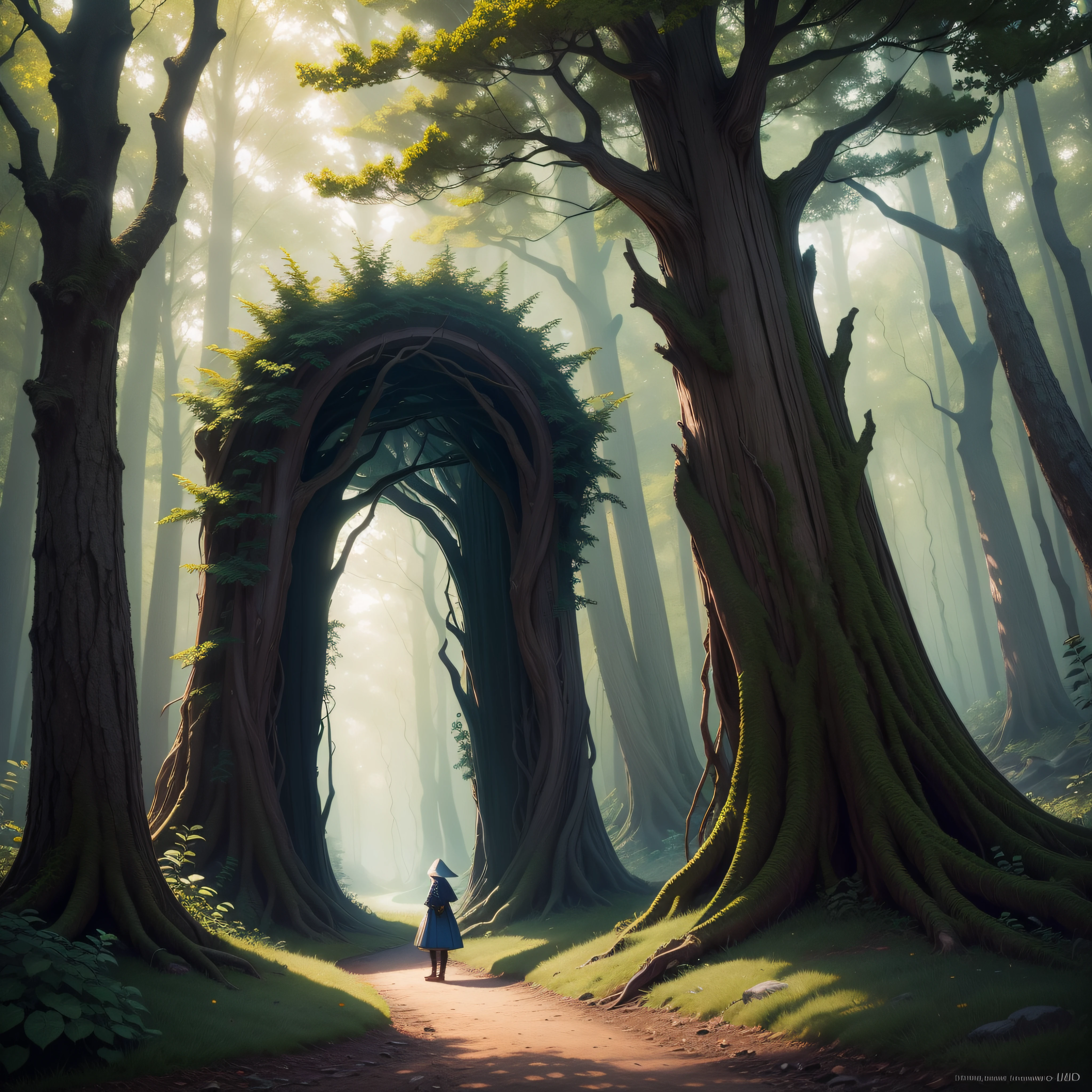 time travel tree portal, oak forest, small pilgrim on deep dark forest path, sensual, fantasy art, epic fantasy digital art style, 4k fantasy art, front light