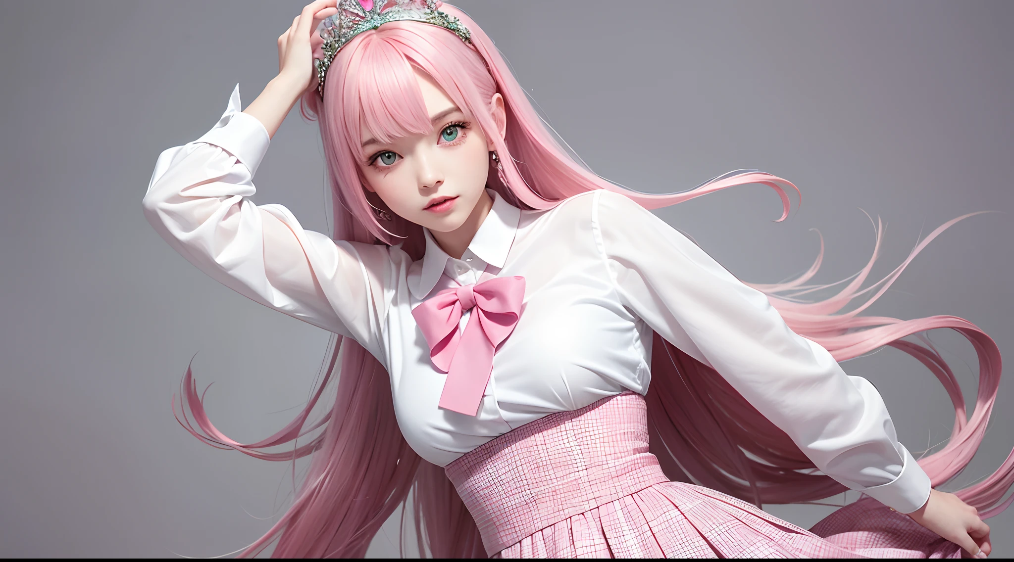 (Solo),1 prefect cute face light smile girl with supermodel poses,(masterpiece:1.1), (best quality:1.1), (white blouse:1.1), (checkered skirt:1.1), school uniform,high-waist skirt,( pink background), (gradient background:1.1), cowboy shot, BREAK highlights inner pink hair, long hair, green eyes, intricate detailed tiara, looking to the side,