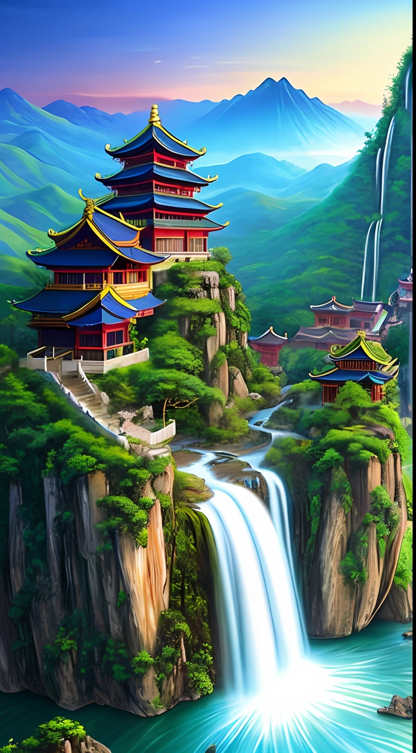 2. Mountain view with waterfall and pagoda in the middle, painted scene by Han Gan, winner of cg society competition, fantasy art, dreamy Chinese town, Chinese landscape, Chinese fantasy, made of trees and fantasy valley, ancient city view, order Impressive fantasy landscape, most epic landscape, pagoda on hill, mountainous jungle environment, avatar landscape, chinese village.