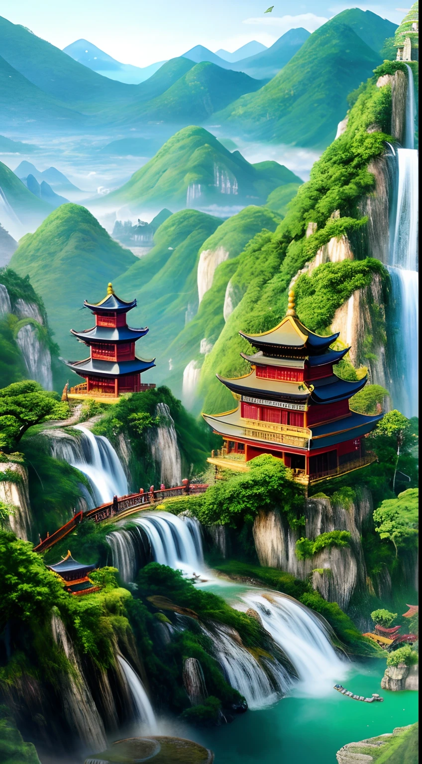 2. Mountain view with waterfall and pagoda in the middle, painted scene by Han Gan, winner of cg society competition, fantasy art, dreamy Chinese town, Chinese landscape, Chinese fantasy, made of trees and fantasy valley, ancient city view, order Impressive fantasy landscape, most epic landscape, pagoda on hill, mountainous jungle environment, avatar landscape, chinese village.