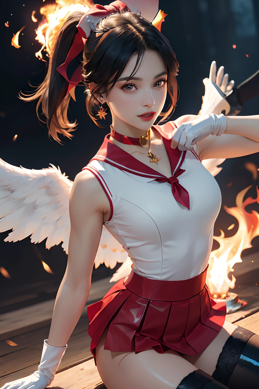 Masterpiece, full: 1.5, Stand, 8K, 。.。.。.。.。.。.。.。.。.。.3D, Realistic, Ultraphotomicrography, Top quality, Super Detail CG Unity 8k Wallpaper, Intricate details, (1 woman), 18 years old, Shiny crimson front mini skirt: 1.4,Show panties?show ass?(SAMA1, head gear, Sailor senshi uniform, White gloves, Red sailor color, Red skirt, Show panties,Sailor senshi uniform: 1.2,sailor mars: 1.2, Meshaunf), Incredibly straight purple-black hair: 1.2, Beautiful straight long hair shiny: 1.2, Sailor senshi uniform, Show panties,((The purple bow in the center of the chest is very large: 1.4, Gold headdress on the forehead: 1.5, Wear red gloves on your elbows: 1.1, Shiny crimson,Paired with luxurious gold accents: Enamel long knee high boots: 1.3, Saturated crimson red collar, Saturated crimson sailor collar, White latex long gloves,Decorated in luxurious gold color: 1.3, There is a very large red bow behind the waist: 1.1, Red necklace, Looks sexy and bold, Red Star earrings)), Smimas
Very long hair, Parted bangs,(Seductive smile, very pretty look face, Face details: 1.5, Bright purple eyes, Beautiful face, Beautiful eyes, Shiny eyes, Thin lips: 1.3, Thin, Sharp, pale eyebrows, long dark eyelashes, Double lashes), Luxury gold jewelry, Huge white wings, Lean and muscular, muscle abs, Small face, Huge breasts, Perfect proportions, Thin waist, sexy model pose, Visible pores, Perfect hands: 1.5, (Very thin,Suitable for high-gloss white holographic leather), Bold sexy slender legs swimsuit, Skinny one-piece red swimsuit,Show panties,Fighting stance, Octane rendering, Very dramatic image, Intense natural light, Sunlight, exquisite lighting and shadows, Dynamic Angle, Digital SLR, Sharp focus: 1.0, Maximum clarity and sharpness, (Burning space background, Dynamic flame on the background, People on fire: 1.2, Fireball, spark of light, Dynamic flames, Burning hair, Dynamic frames, the god of war, Moonlight, Moon, Dynamic background, detailedbackground),Sat down, opening legs, Panties