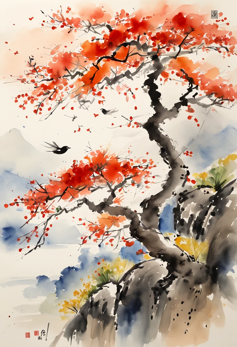 2 couples,Qixi Festival,mid-autumn festival,classical,Qi Baishi painting style,Modern style,watercolor paiting