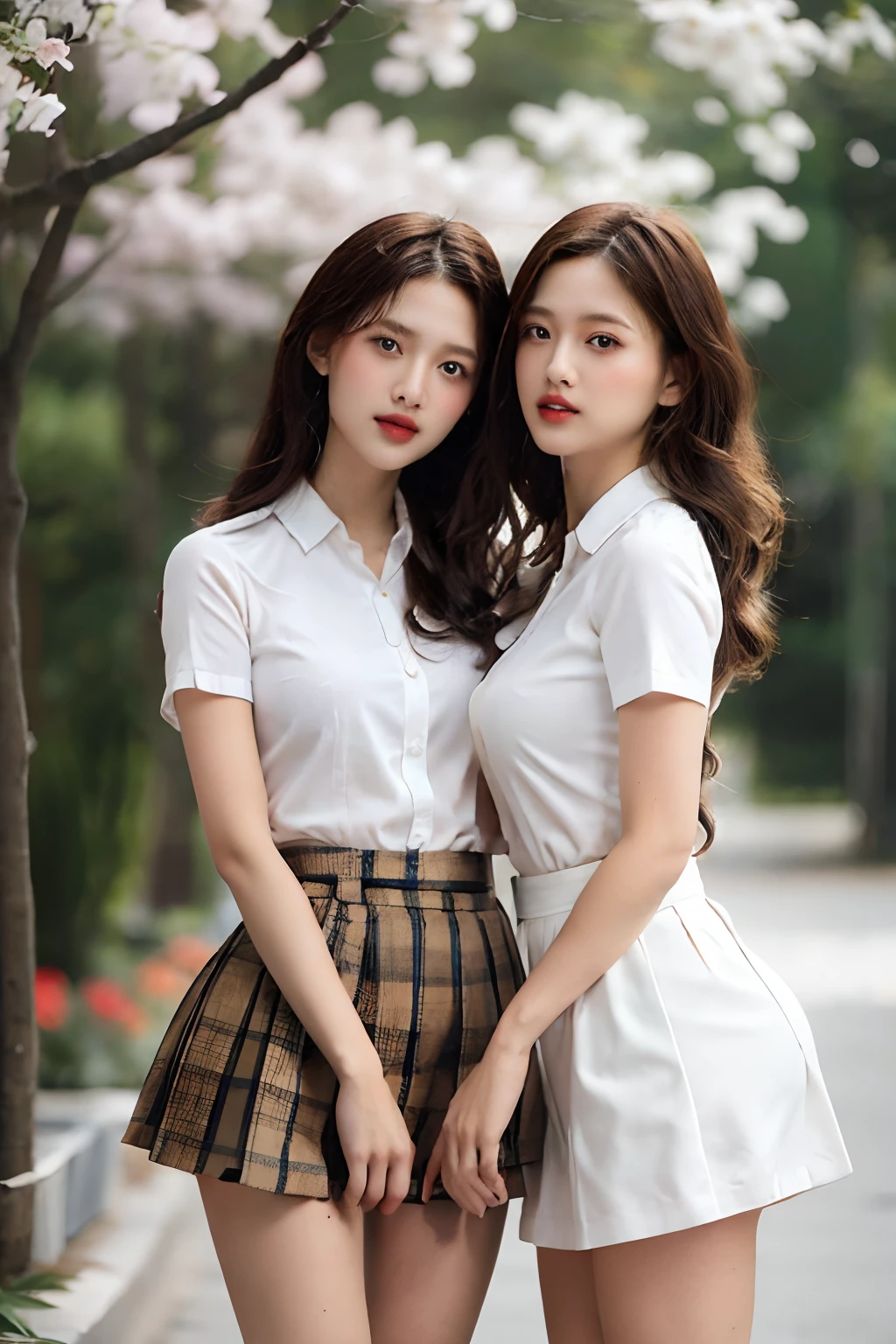 NSFW, 8K Raw photograph, Best quality, Masterpiece, 超高分辨率, filmgrain, filmg, (((Two girls,duo))), view the viewer, Natural skin texture, Realistic eye and face details, full pouty lips, lipstick, (Makeup), Red eyeshadow, Fluffy short hair, Messy hair, Smile, closing the mouth, Beautiful legs, Tall female, Skinny, Slim_Legs, duo, Pose with your hips facing you, Superskirt, hindquarters, shirt, Beautiful natural location, Location around the flowers, (Detailed background), Plaid skirts, shirt, Huge breasts peeking out a little through the shirt, Loafer shoes, The background is blurred out, Blurry, Holding, tartan, Short sleeves, JK ribbon on neck, JK ribbon, Brown hair, Bracelet, water, bangs, school uniform, jewelry, parted lip, Lips, From the side Side, Pleated skirt, Depth of field